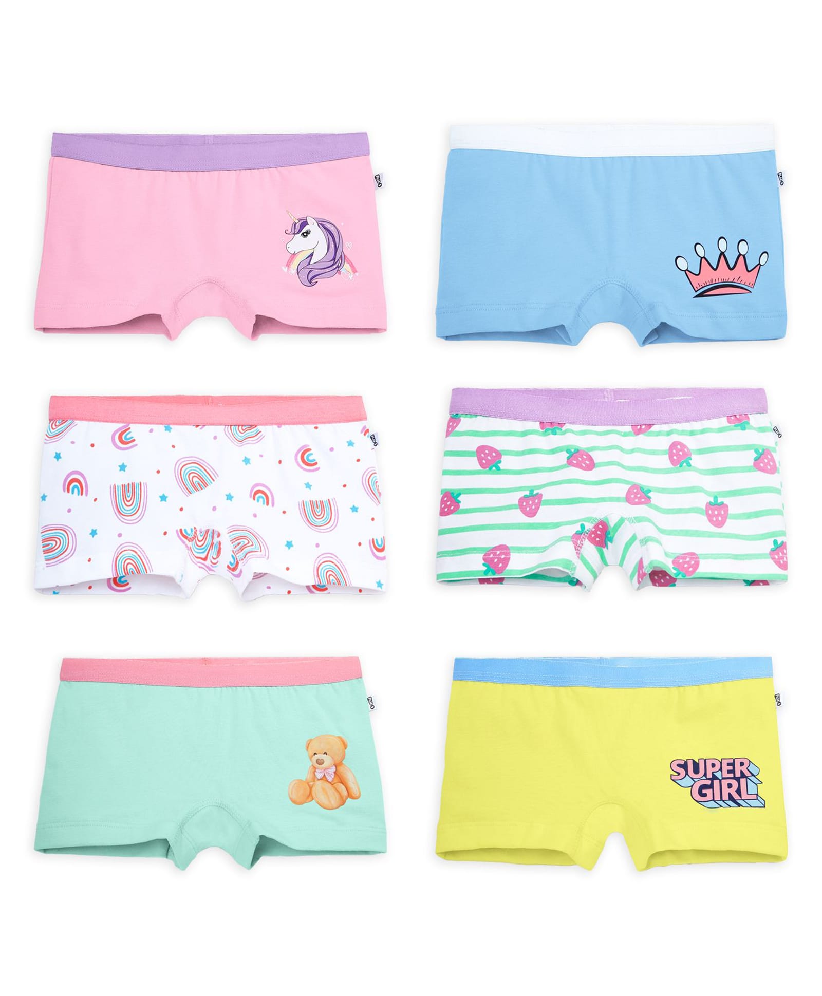 Plan B Cotton Knit Pack Of 6 Unicorn Rainbow & Teddy Bear Printed Boyshorts - Multi Colour-image-26