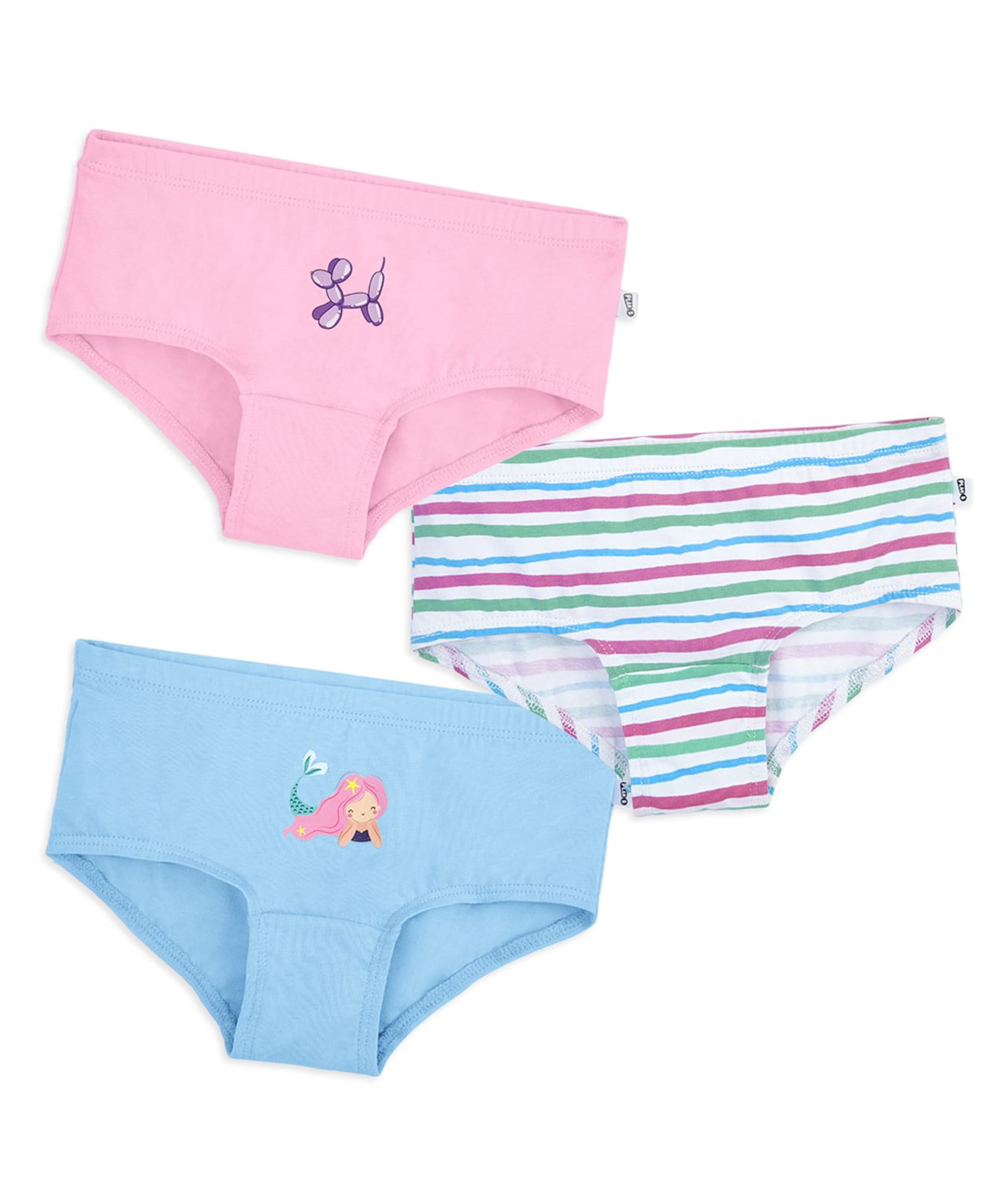 Plan B Cotton Knit Pack Of 3 Striped & Mermaid & Balloon Animal Printed Panties - White, Pink & Sky Blue-picture-44