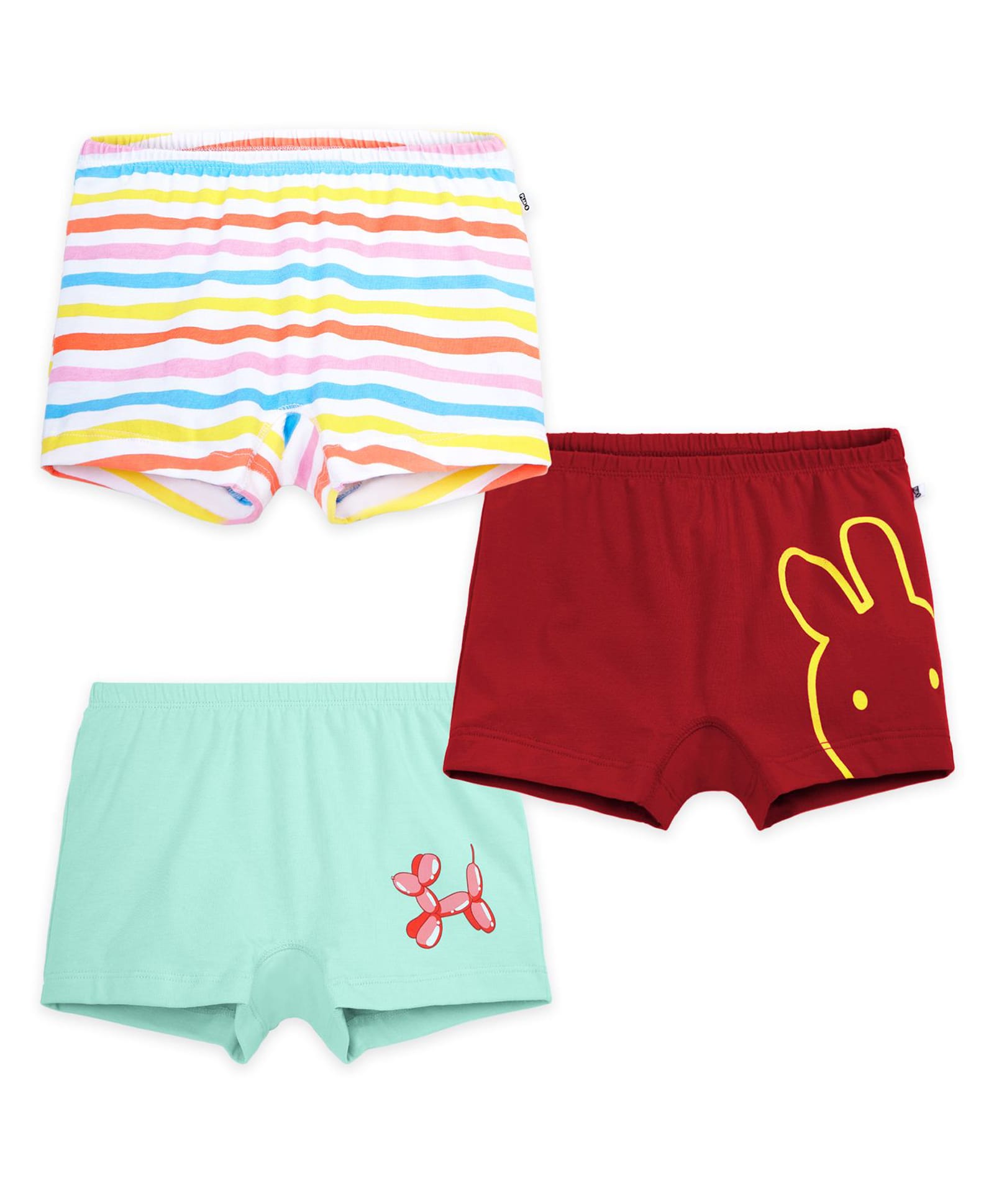 Plan B Cotton Knit Pack Of 3 Striped Balloon Animal & Bunny Printed Boyshorts - Multi Colour Mint & Red-picture-36