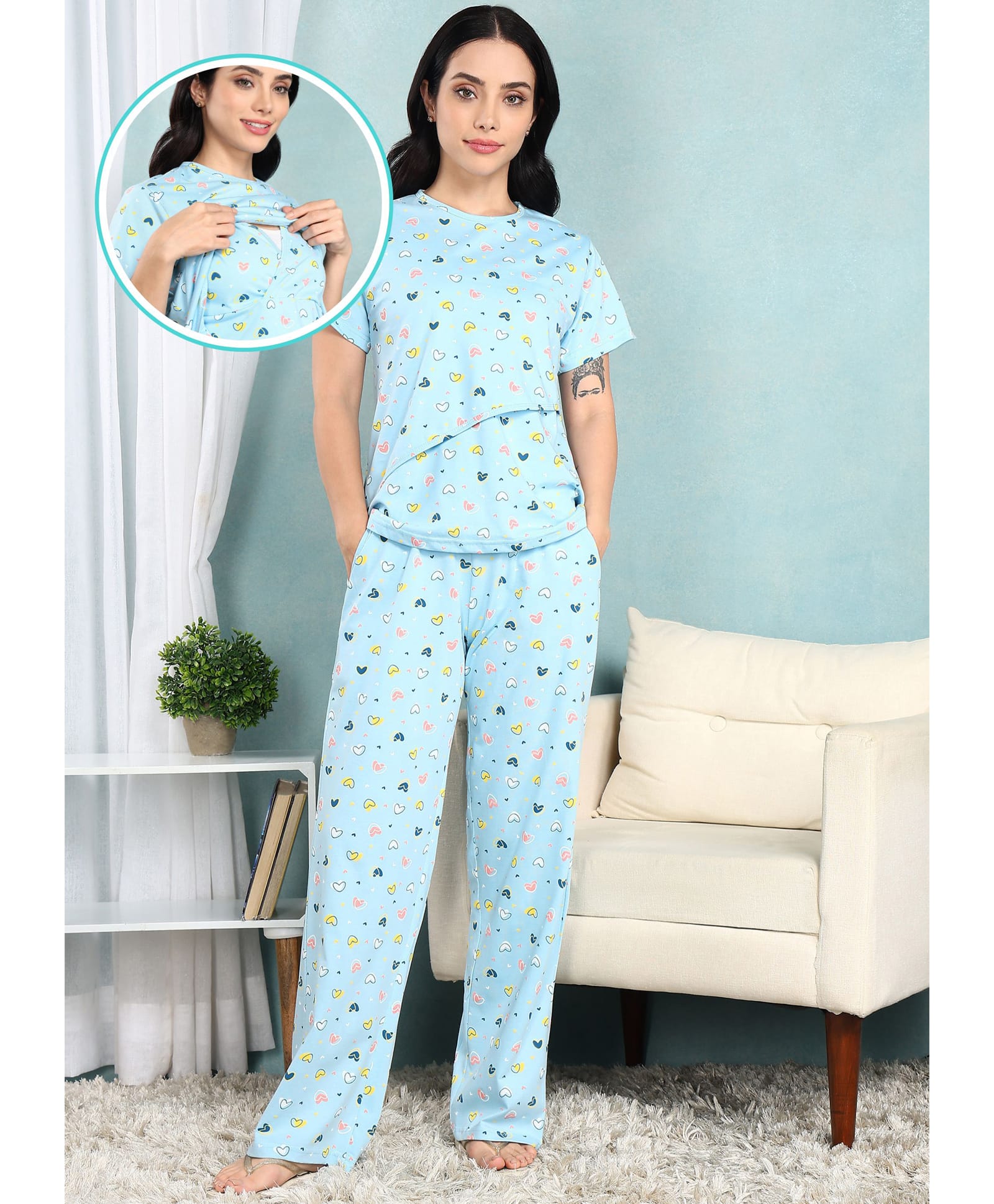 Moms Ever Knitted Knit Half Sleeves Hearts Printed Top & Pant Nightsuit With Overlap Nursing Access - Light Blue-image-25