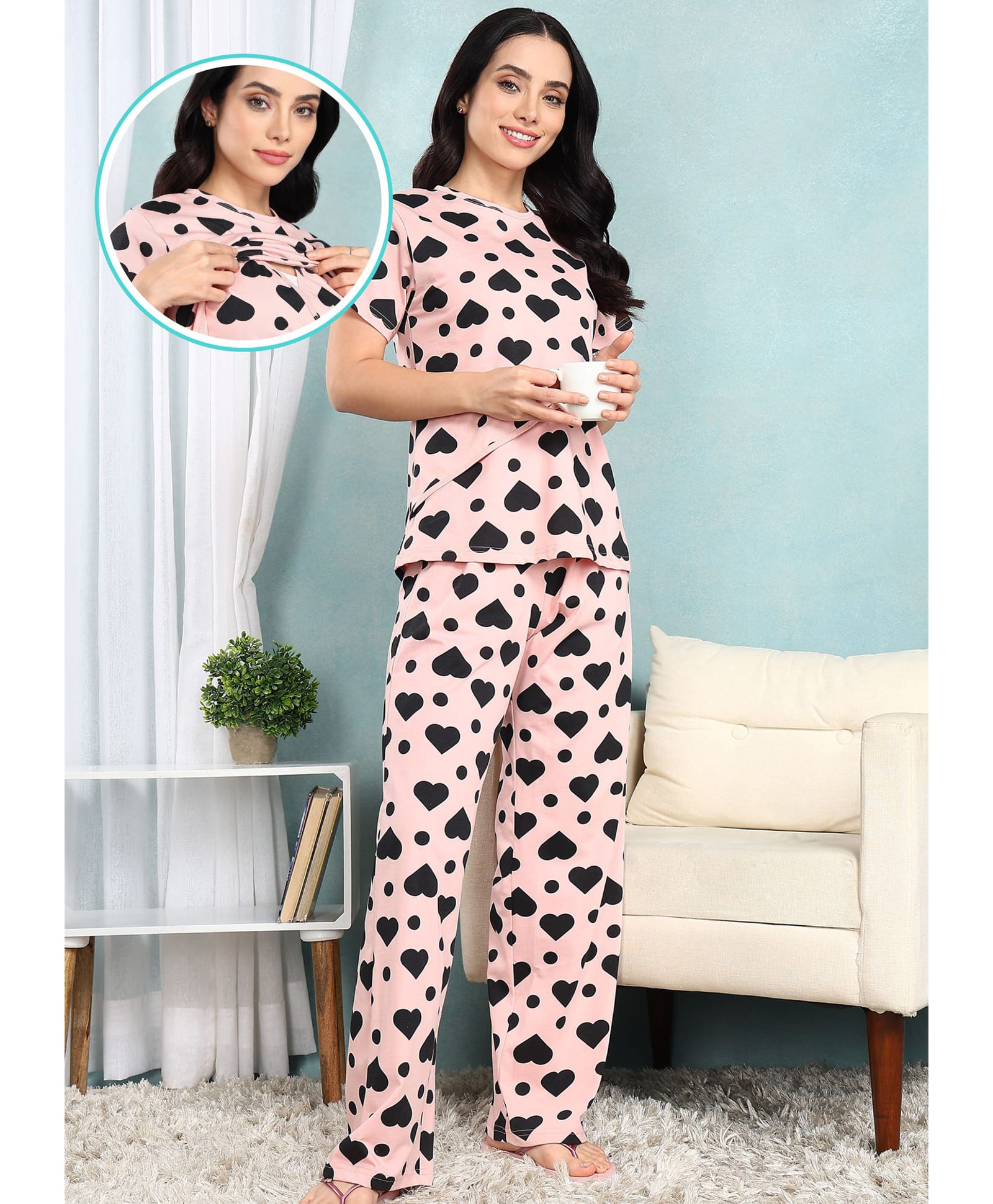Moms Ever Knitted Knit Half Sleeves Hearts Printed Top & Pant Nightsuit With Overlap Nursing Access - Peach