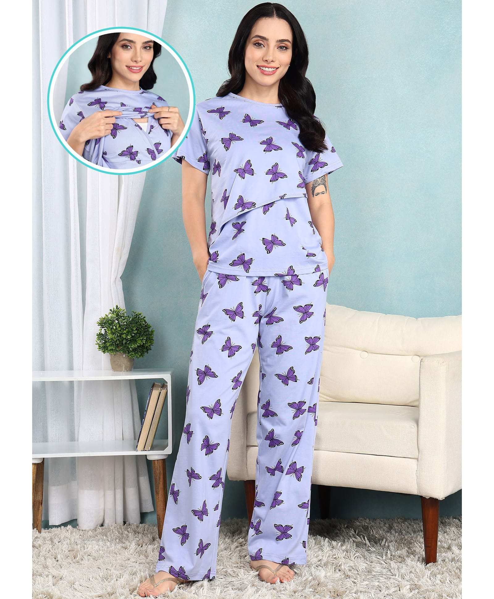 Moms Ever Knitted Knit Half Sleeves Butterfly Printed Coordinating Maternity Tee & Pant Night Suit With Overlap Nursing Access - Purple-image-39