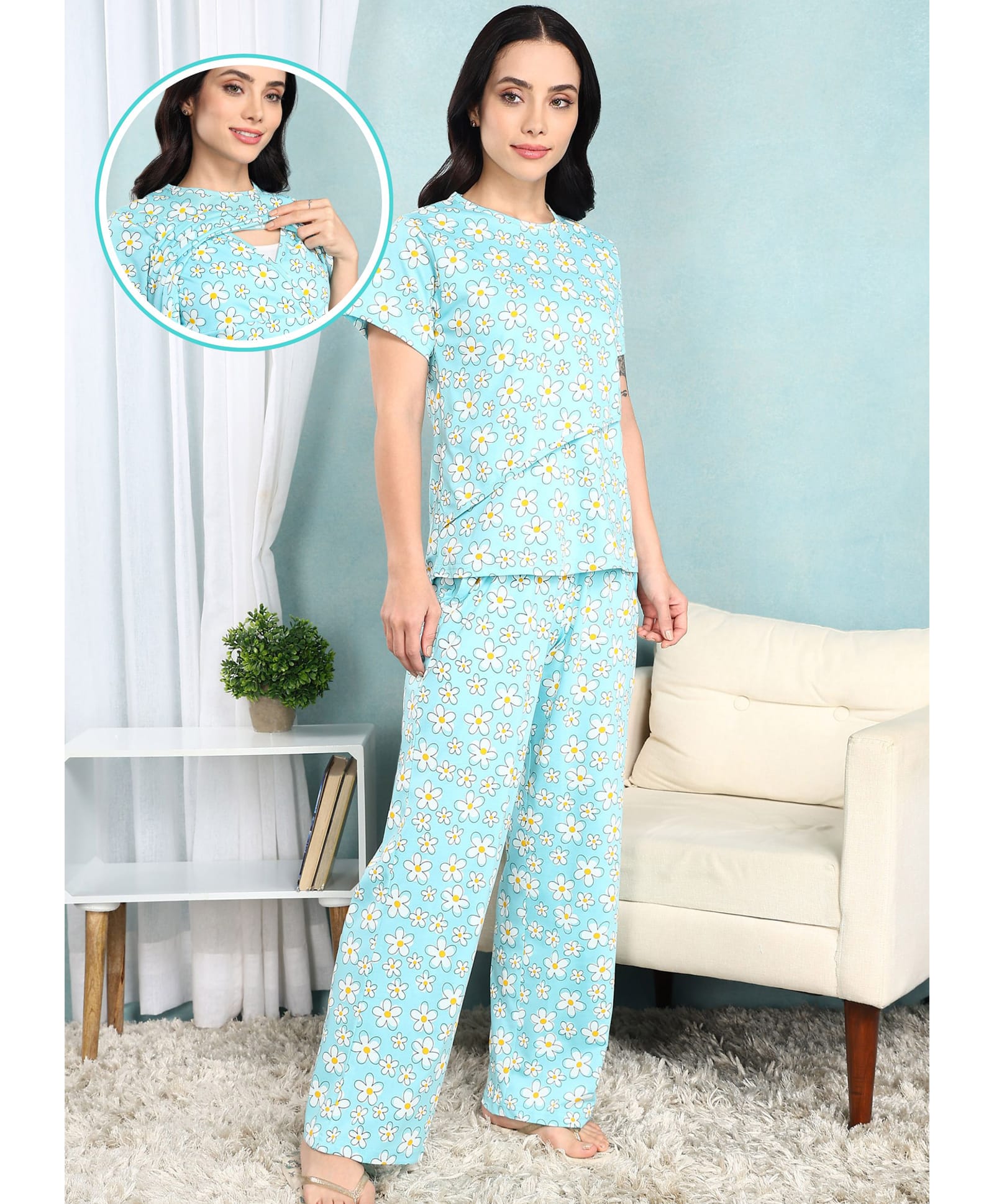 Moms Ever Knitted Knit Half Sleeves Floral Printed Coordinating Maternity Tee & Pant Night Suit With Overlap Nursing Access - Light Blue