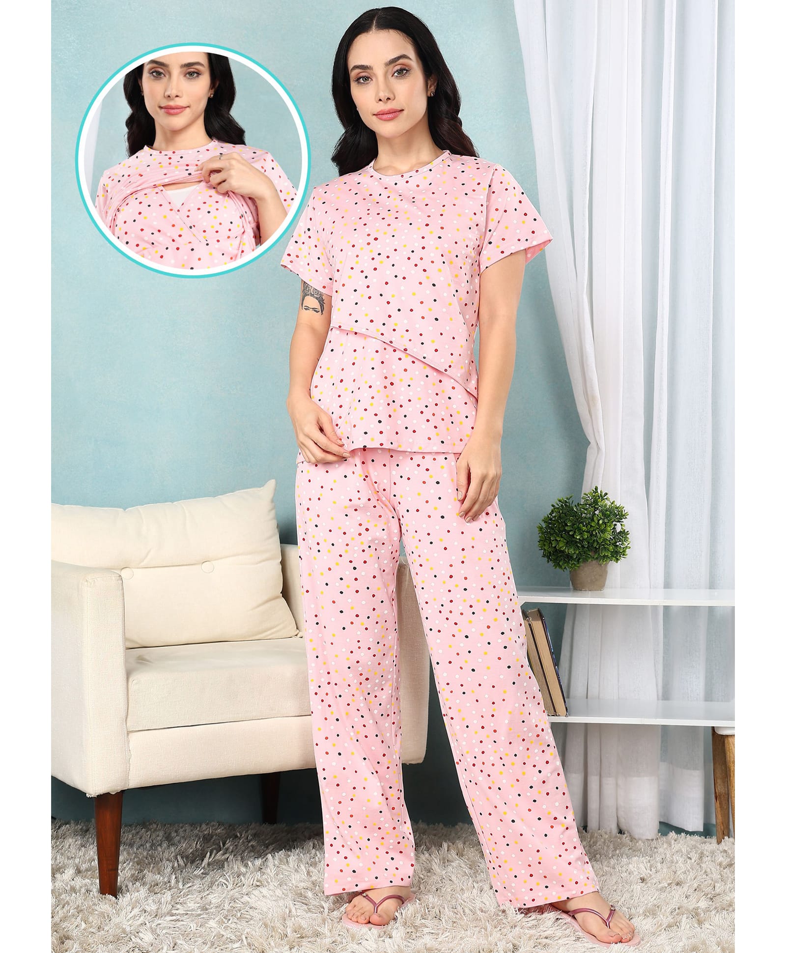 Moms Ever Knitted Knit Half Sleeves Dots Printed Coordinating Maternity Tee & Pant Night Suit With Overlap Nursing Access - Peach-image-15