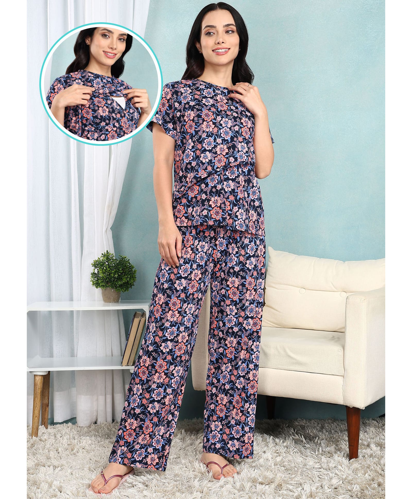 Moms Ever Knitted Knit Half Sleeves Floral Printed Coordinating Maternity Tee & Pant Night Suit With Overlap Nursing Access - Black-image-26