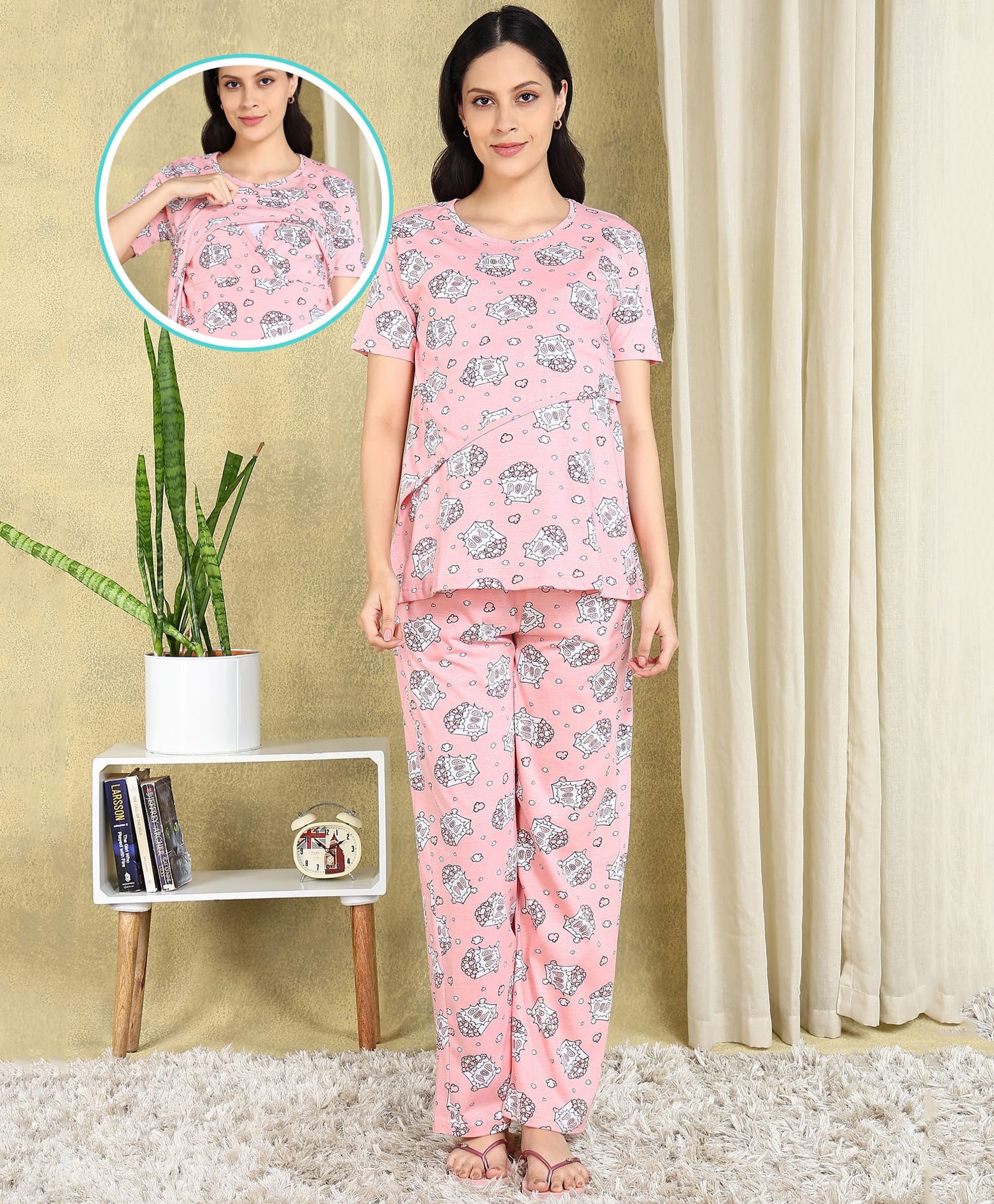 Moms Ever Knitted Knit Half Sleeves Popcorn Printed Coordinating Maternity Tee & Pant Night Suit With Overlap Nursing Access - Pink-image-27