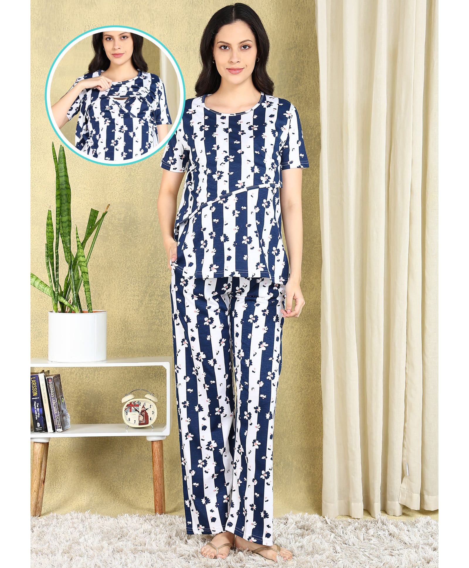 Moms Ever Knitted Knit Half Sleeves Floral Printed & Striped Top & Pant Nightsuit With Overlap Nursing Access - Blue