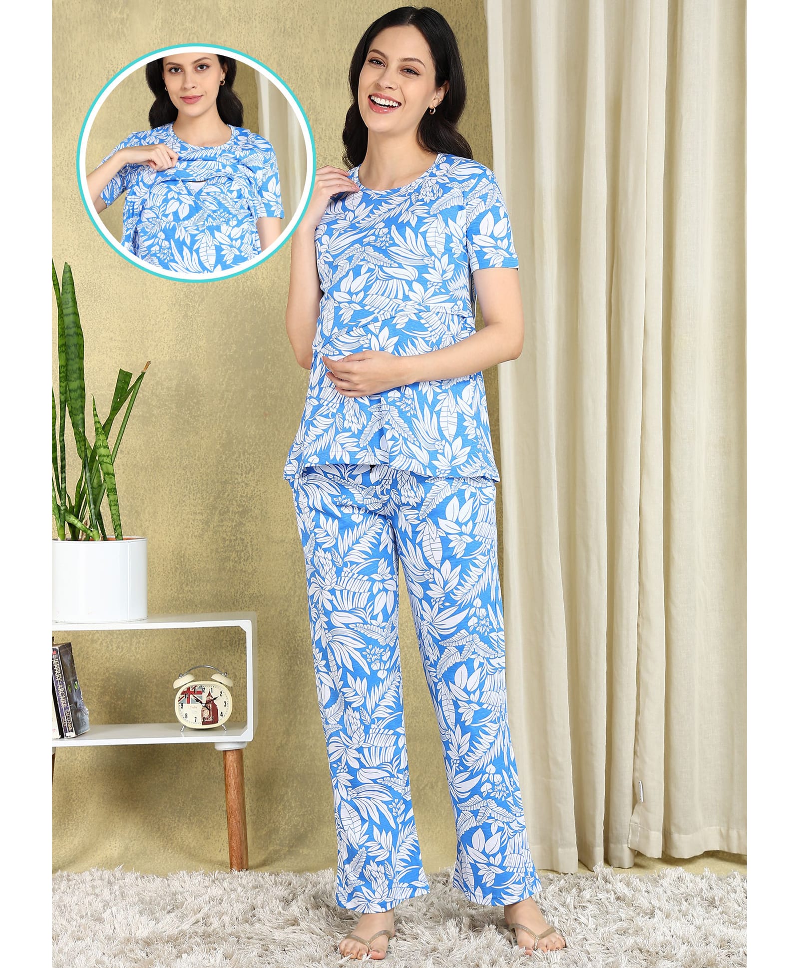 Moms Ever Knitted Knit Half Sleeves Leaves Printed Top & Pant Nightsuit With Overlap Nursing Access - Blue