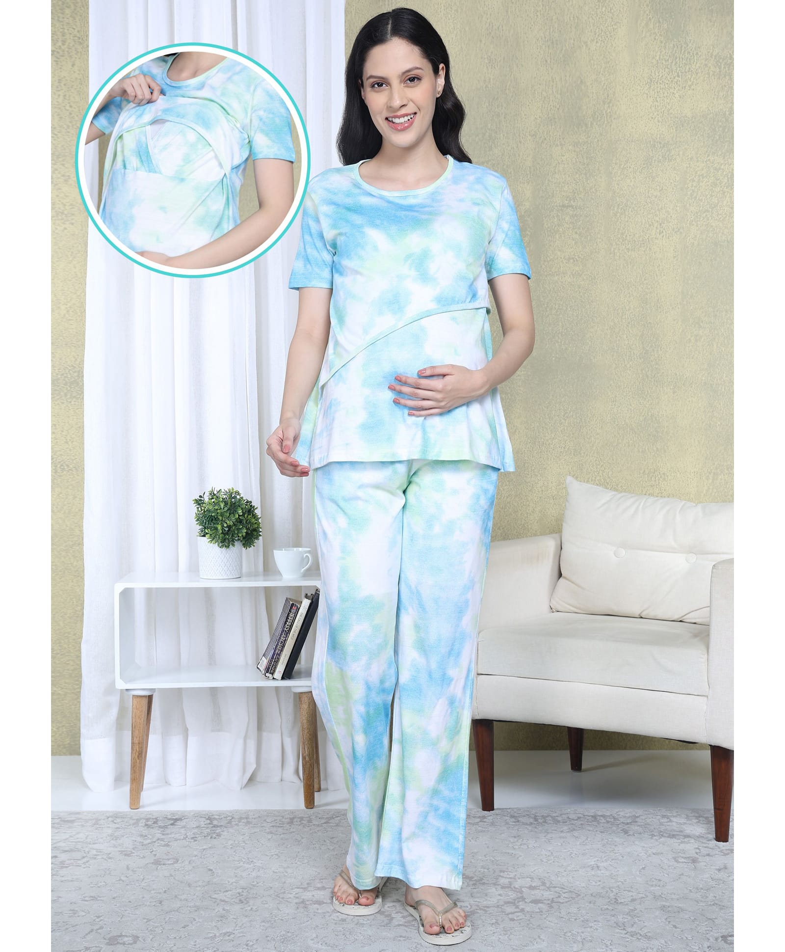 Moms Ever Knitted Knit Half Sleeves Tie Dye Top & Pant Nightsuit With Overlap Nursing Access - Blue-picture-20
