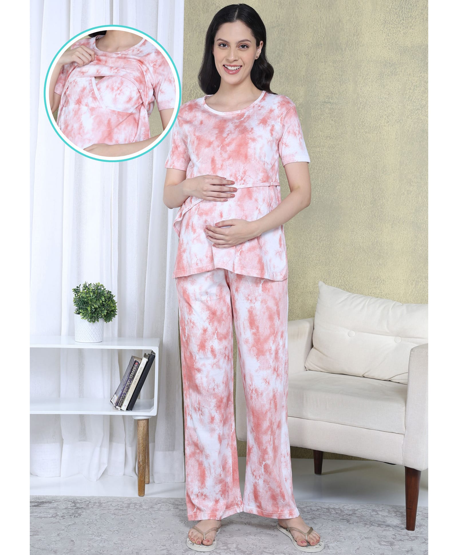 Moms Ever Knitted Knit Half Sleeves Tie Dye Top & Pant Nightsuit With Overlap Nursing Access - Soft Rose-image-25