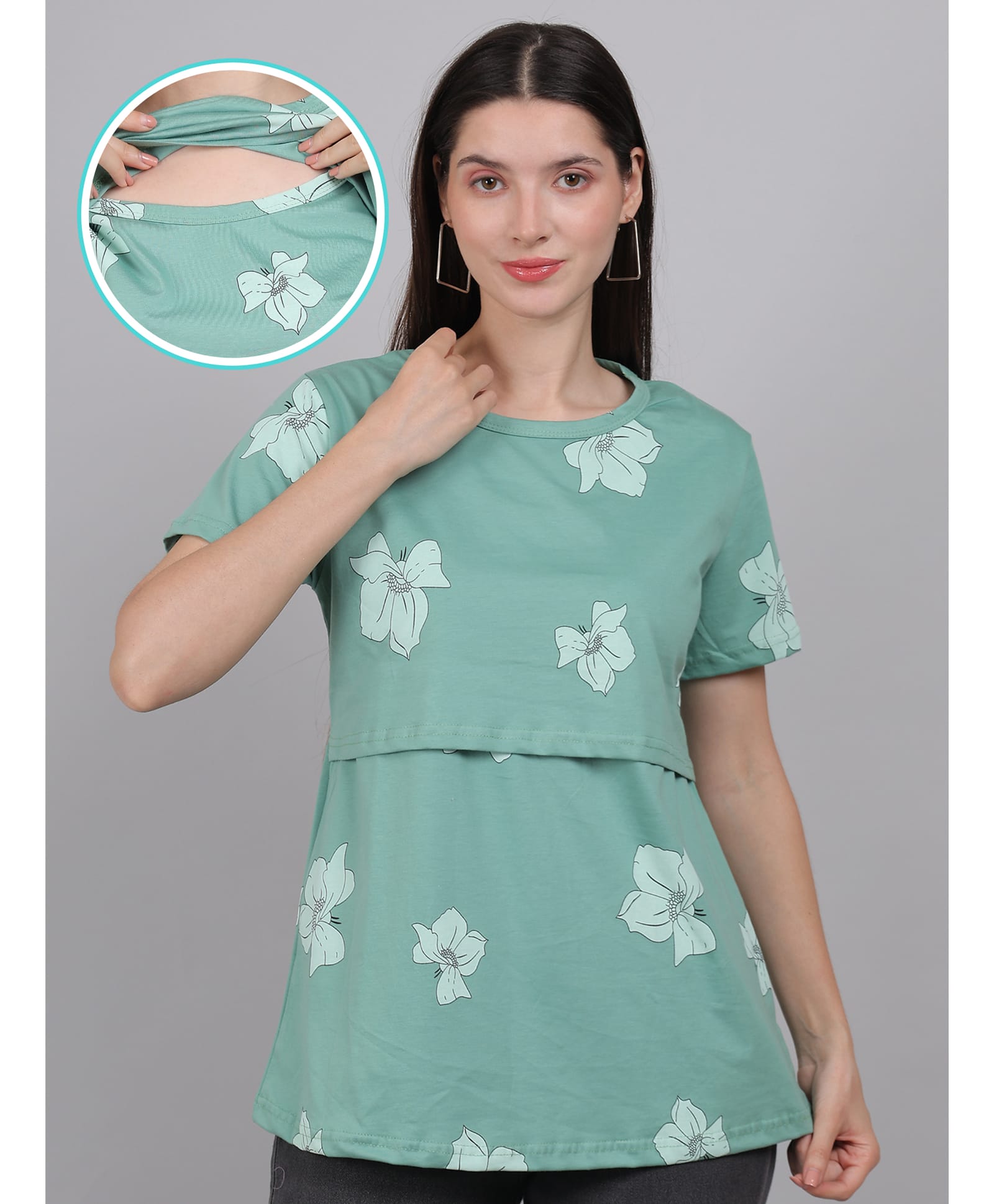 Moms Ever Knitted Half Sleeves Floral Printed Maternity Tee With Overlap Nursing Access - Turquoise Green-picture-12