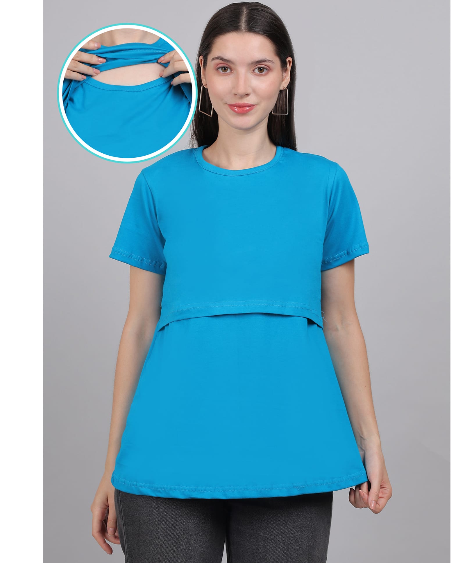 Moms Ever Knitted Half Sleeves Solid Printed Maternity Tee With Overlap Nursing Access - Blue-image-34
