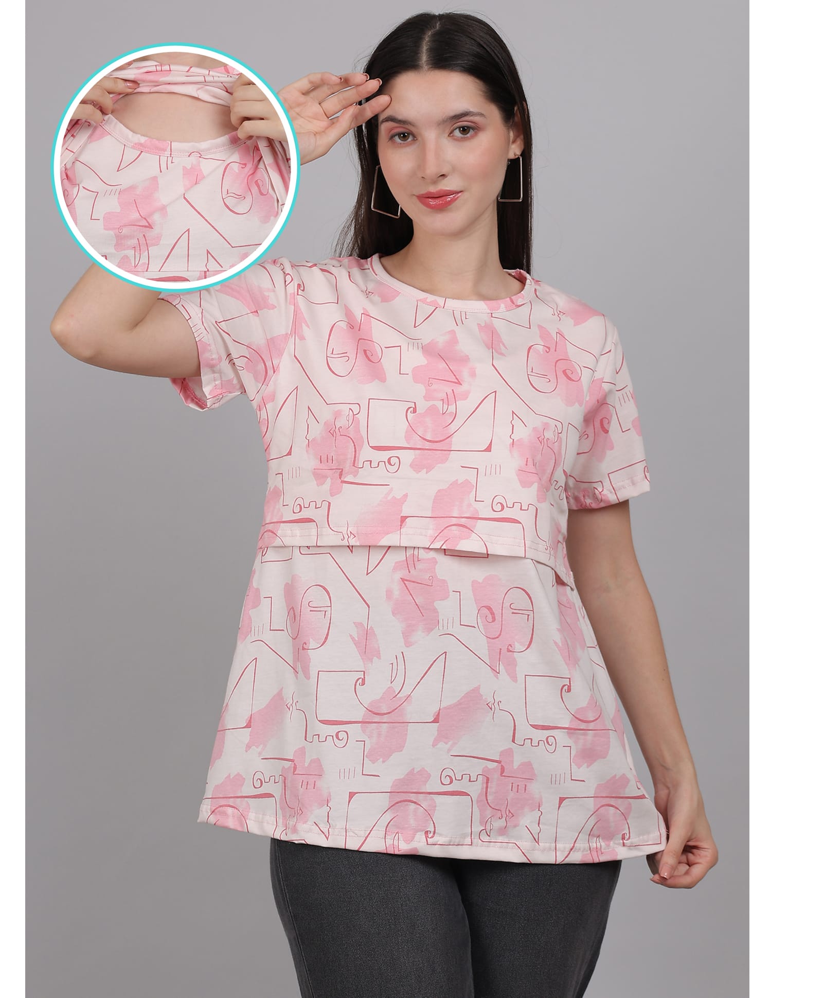 Moms Ever Knitted Half Sleeves Abstract Printed Maternity Tee With Overlap Nursing Access - White & Pink-image-9