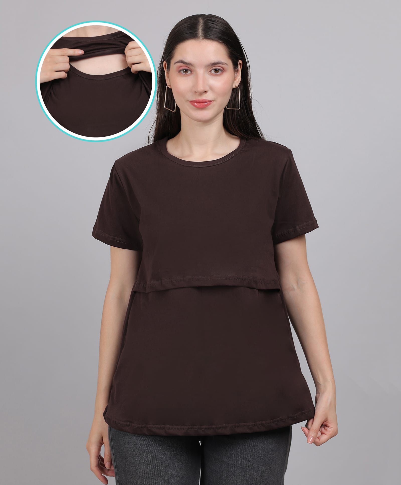 Moms Ever Knitted Half Sleeves Solid Printed Maternity Tee With Overlap Nursing Access - Brown-image-26