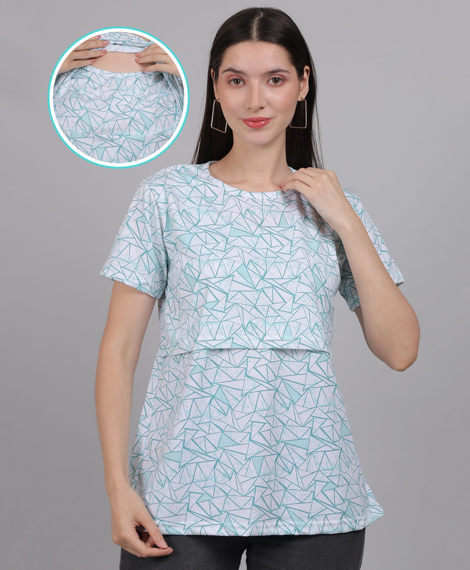 Moms Ever Knitted Half Sleeves Abstract Printed Maternity Tee With Overlap Nursing Access - White & Teal-picture-20