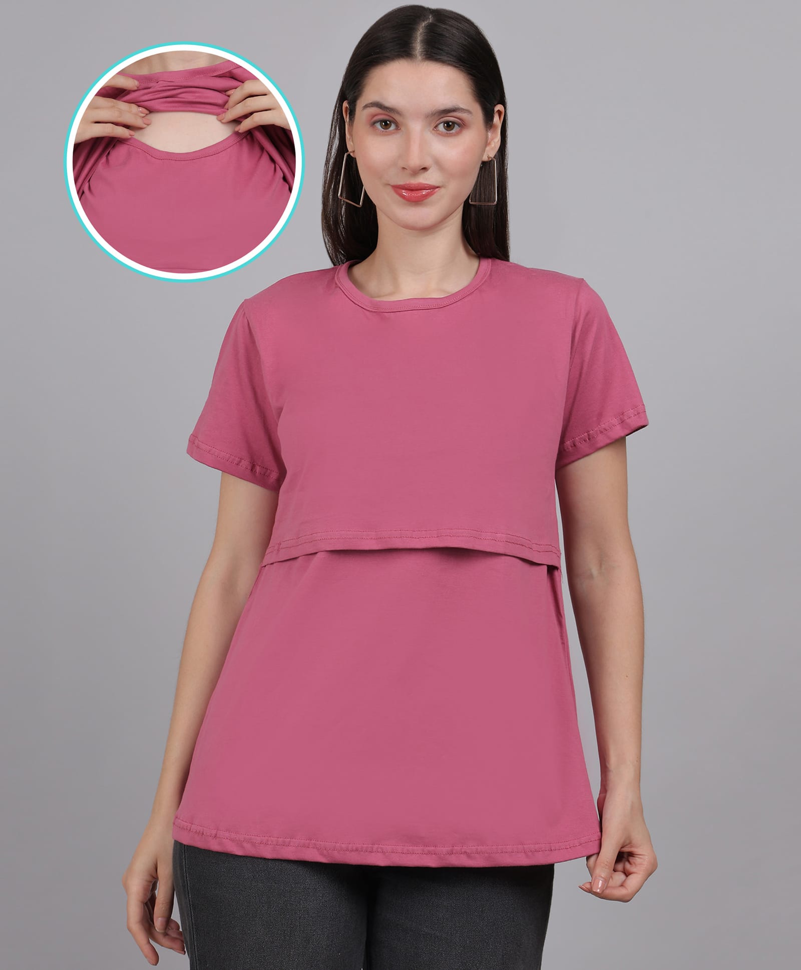 Moms Ever Knitted Half Sleeves Solid Maternity Tee With Overlap Nursing Access - Pink-image-45