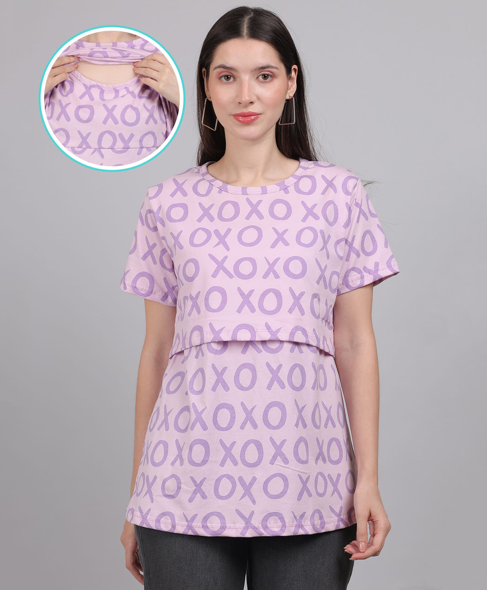 Moms Ever Knitted Half Sleeves Abstract Printed Maternity Tee With Overlap Nursing Access - Purple-image-34