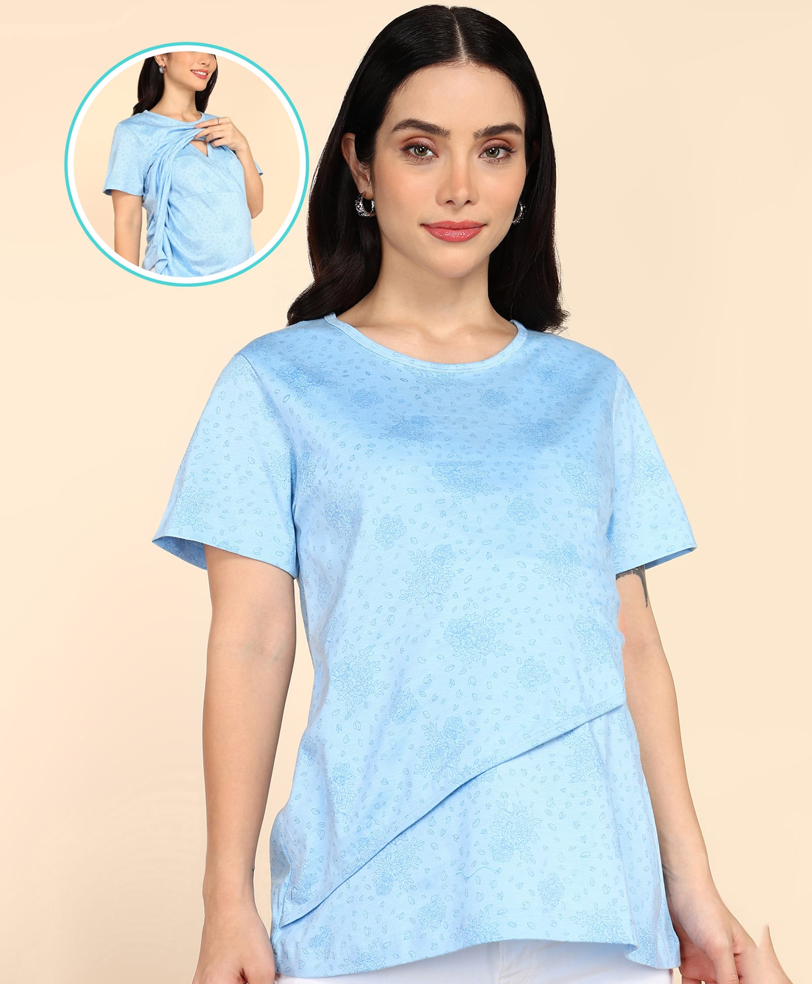 Moms Ever Knitted Half Sleeves Abstract Printed Maternity Tee With Overlap Nursing Access - Light Blue-picture-15