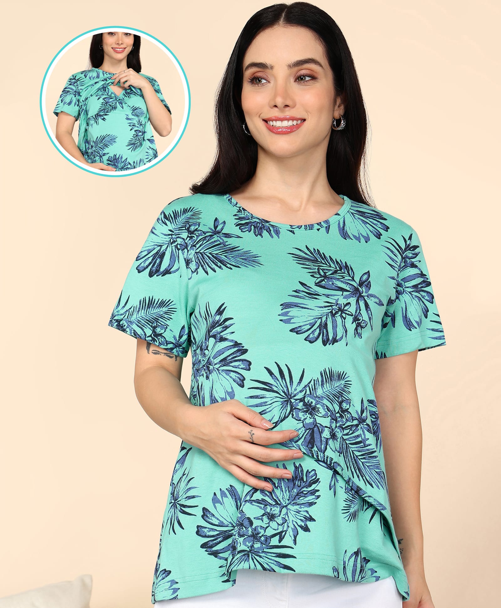 Moms Ever Knitted Half Sleeves Leaves Printed Maternity Tee With Overlap Nursing Access - Teal-image-47