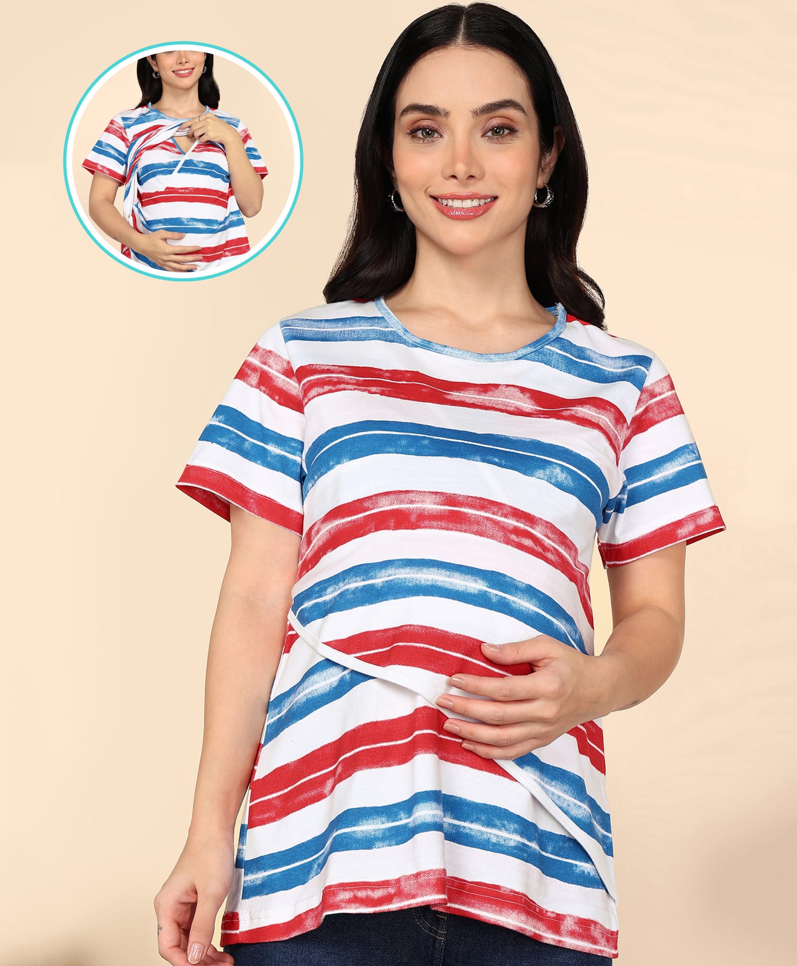 Moms Ever Knitted Half Sleeves Abstract Printed Maternity Tee With Overlap Nursing Access - White-image-8