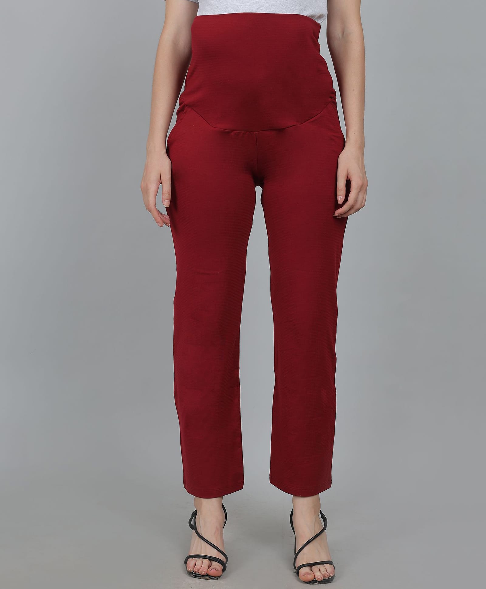 Moms Ever Elastane Woven Solid High Coverage Maternity Pants - Red-picture-17