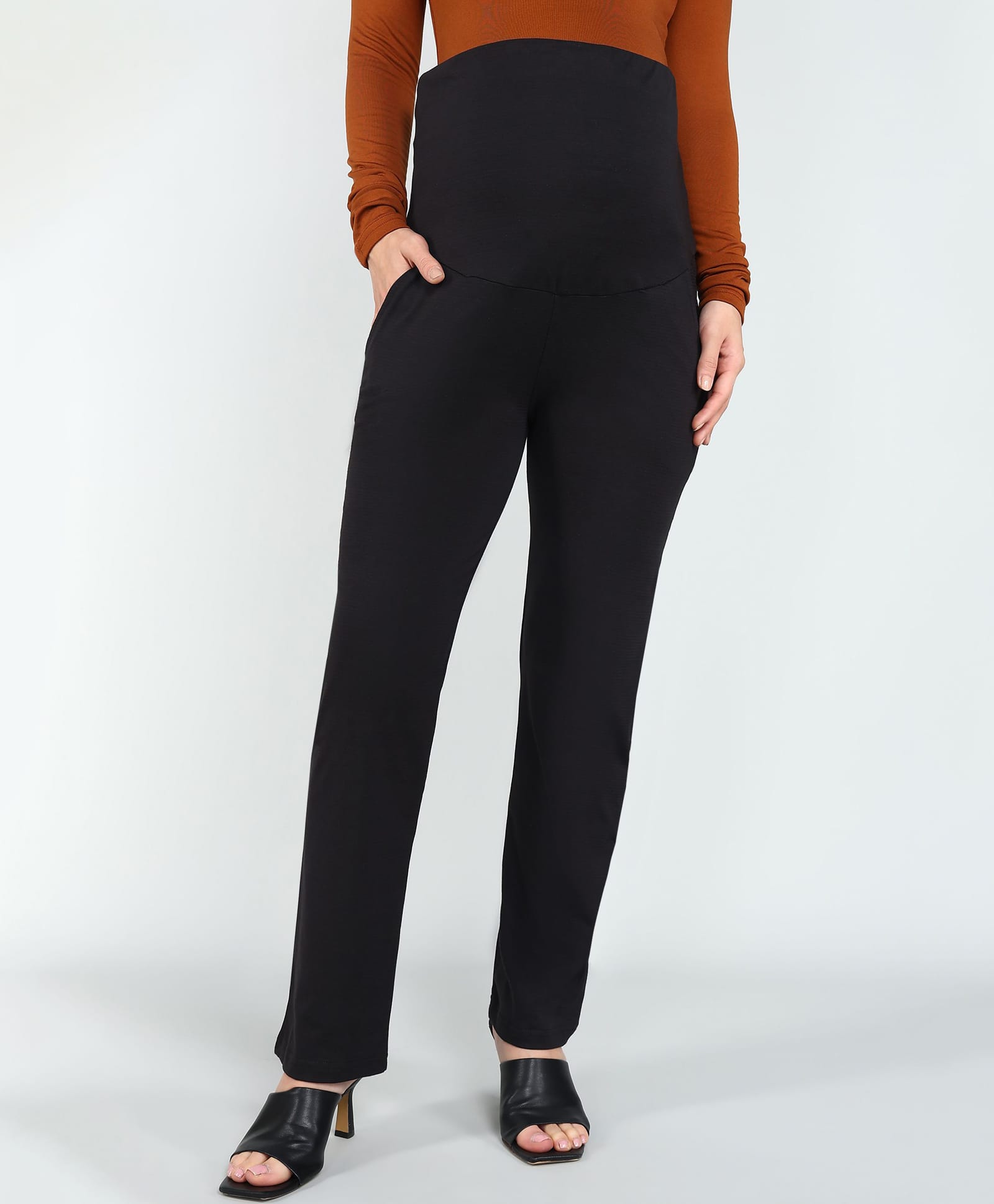 Moms Ever Elastane Woven Solid High Coverage Maternity Pants - Black