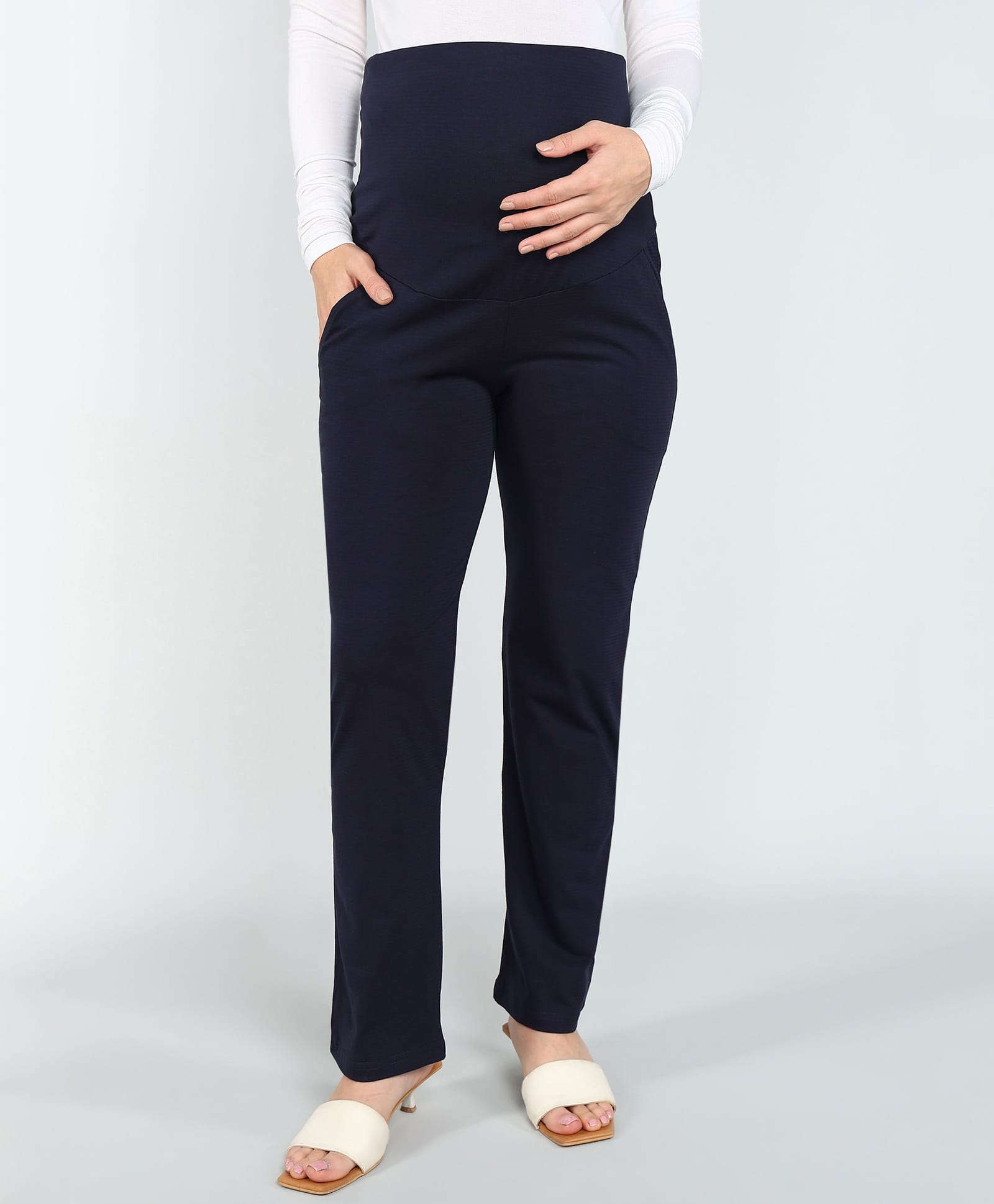 Moms Ever Elastane Woven Solid High Coverage Maternity Pants - Navy Blue-picture-19