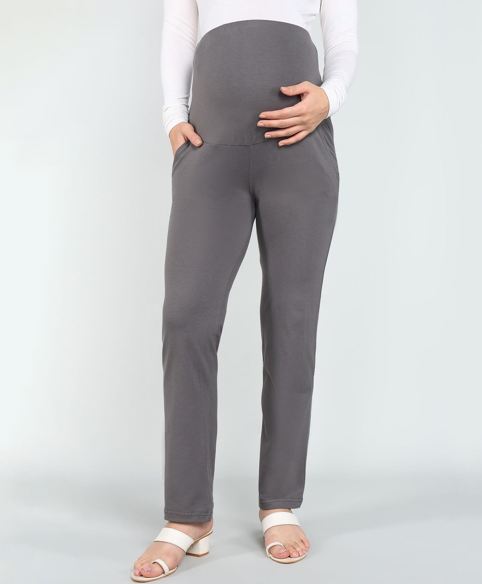 Moms Ever Elastane Woven Solid High Coverage Maternity Pants - Grey-picture-20