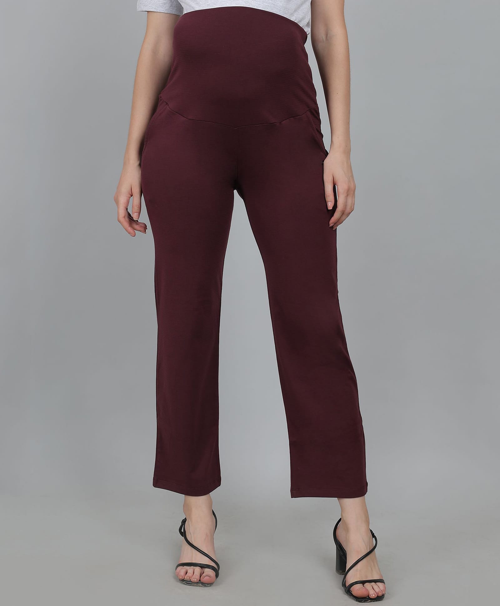 Moms Ever Elastane Woven Solid High Coverage Maternity Pants - Maroon