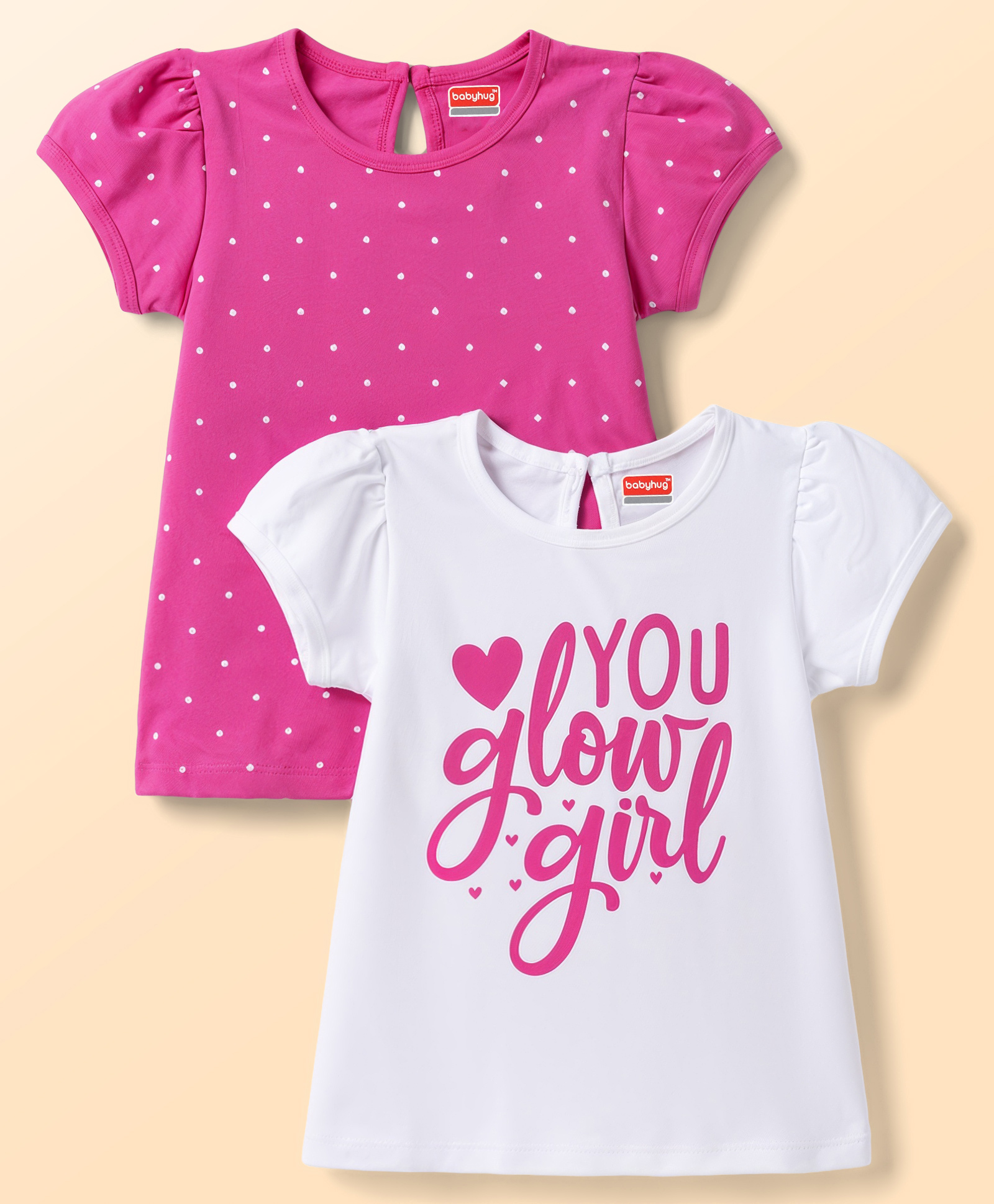 Babyhug 100% Cotton Knit Half Sleeves Polka Dots & Text Printed T-Shirt Pack Of 2 - Dark Pink & White-picture-13