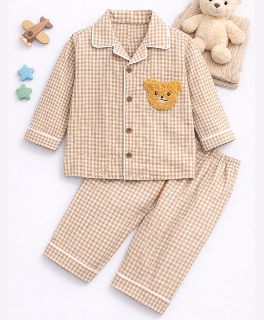 TIPPY TOP Pure Cotton Woven Full Sleeves Teddy Patch Detailed & Checked Coordinating Shirt & Pajama Night Suit - Beige-image-39
