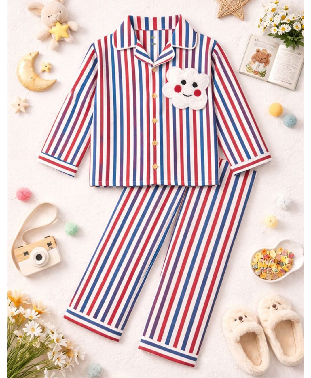 TIPPY TOP Pure Cotton Woven Full Sleeves Cloud Patch Detailed & Striped Coordinating Shirt & Pajama Night Suit - Multi Colour-image-13