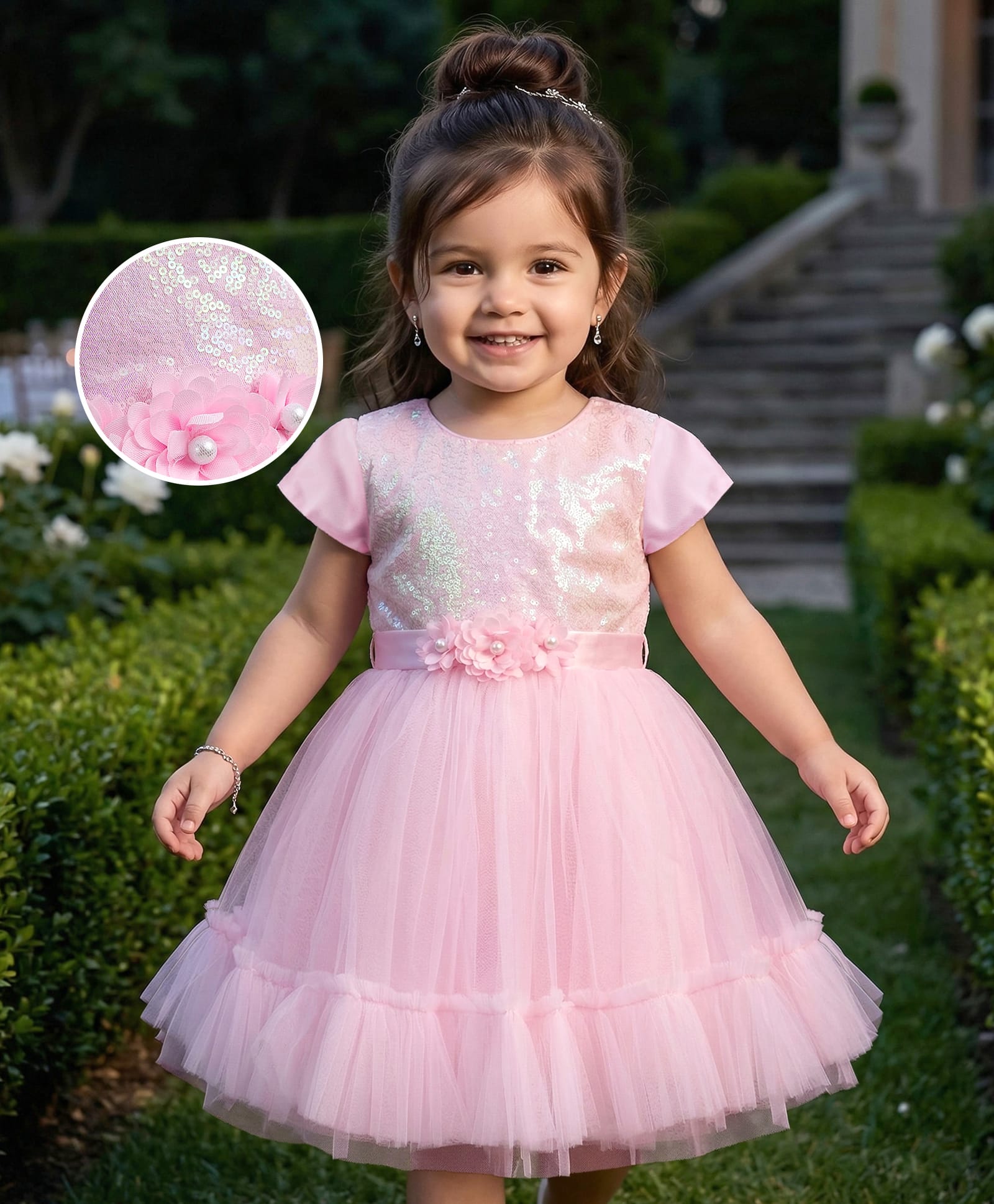 Babyhug Mesh Woven Half Sleeves Fit & Flared Party Dress with Floral Corsage & Sequin Detailing - Dark Pink-image-39