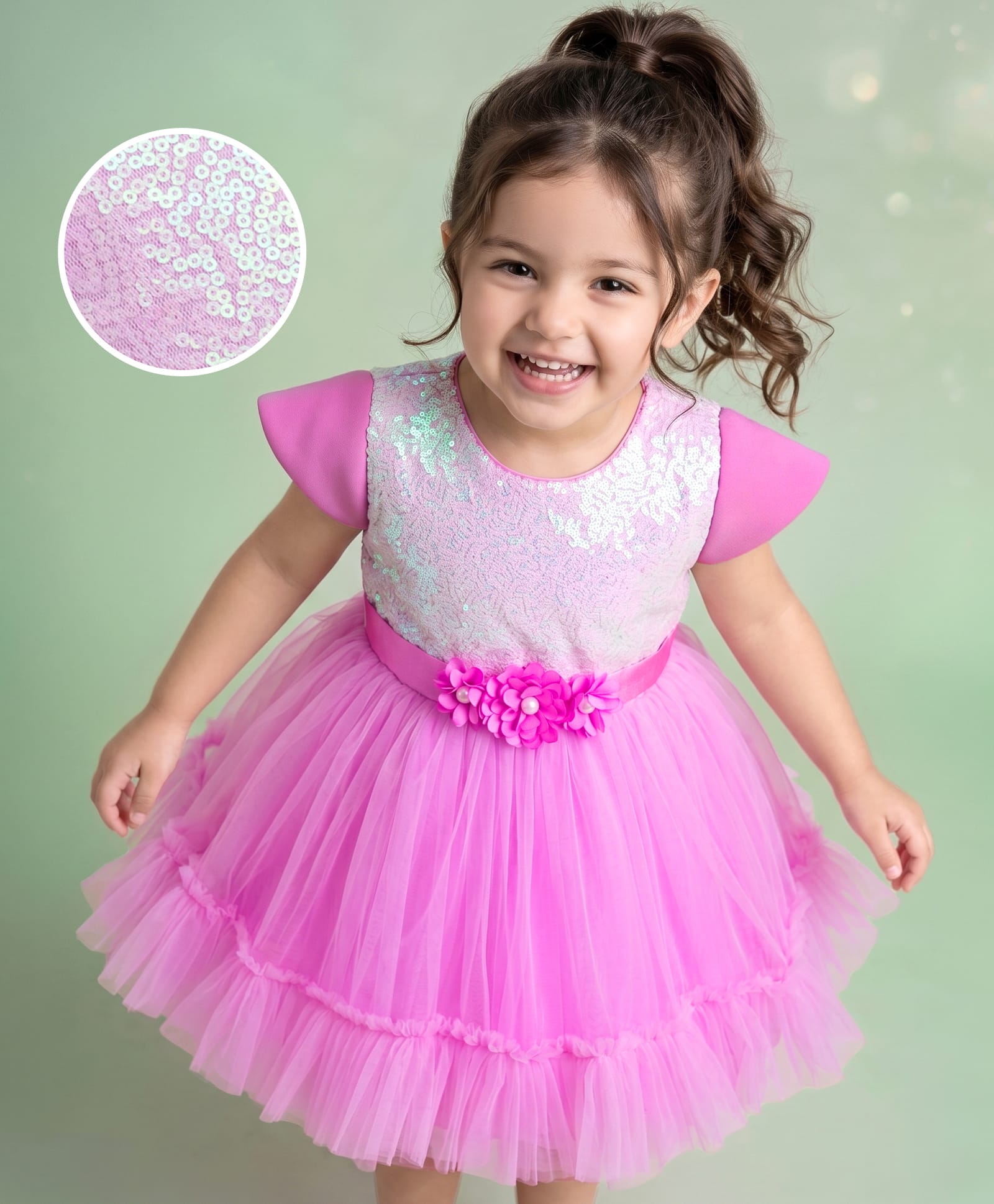 Babyhug Mesh Woven Half Sleeves Fit & Flared Tiered Party Frock with Sequin & Corsage Detailing- Lavender-image-40