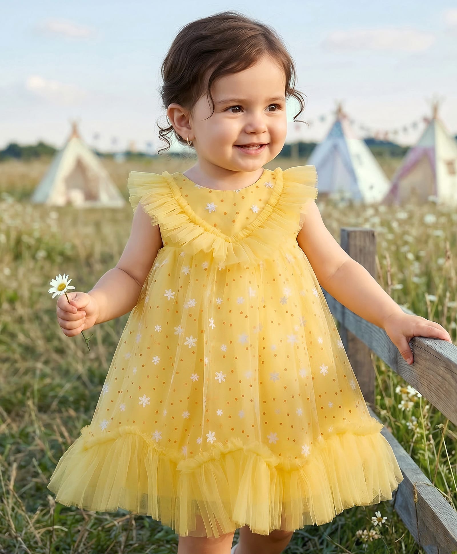 Babyhug Mesh Woven Sleeveless Party Dress With Floral & Polka Dot Print - Yellow-image-48