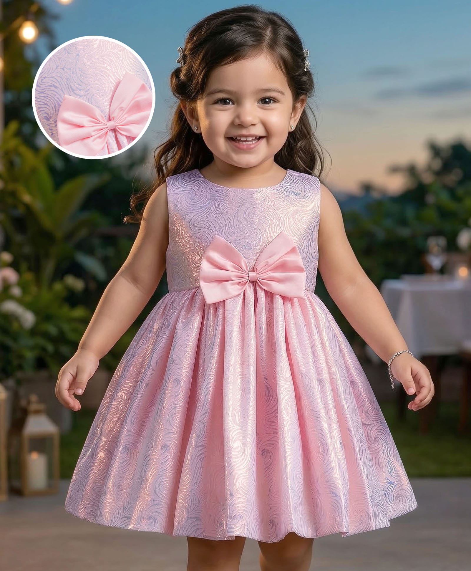 Babyhug Mesh Woven Sleeveless Shimmer Party Dress With Bow Applique - Pink-image-48