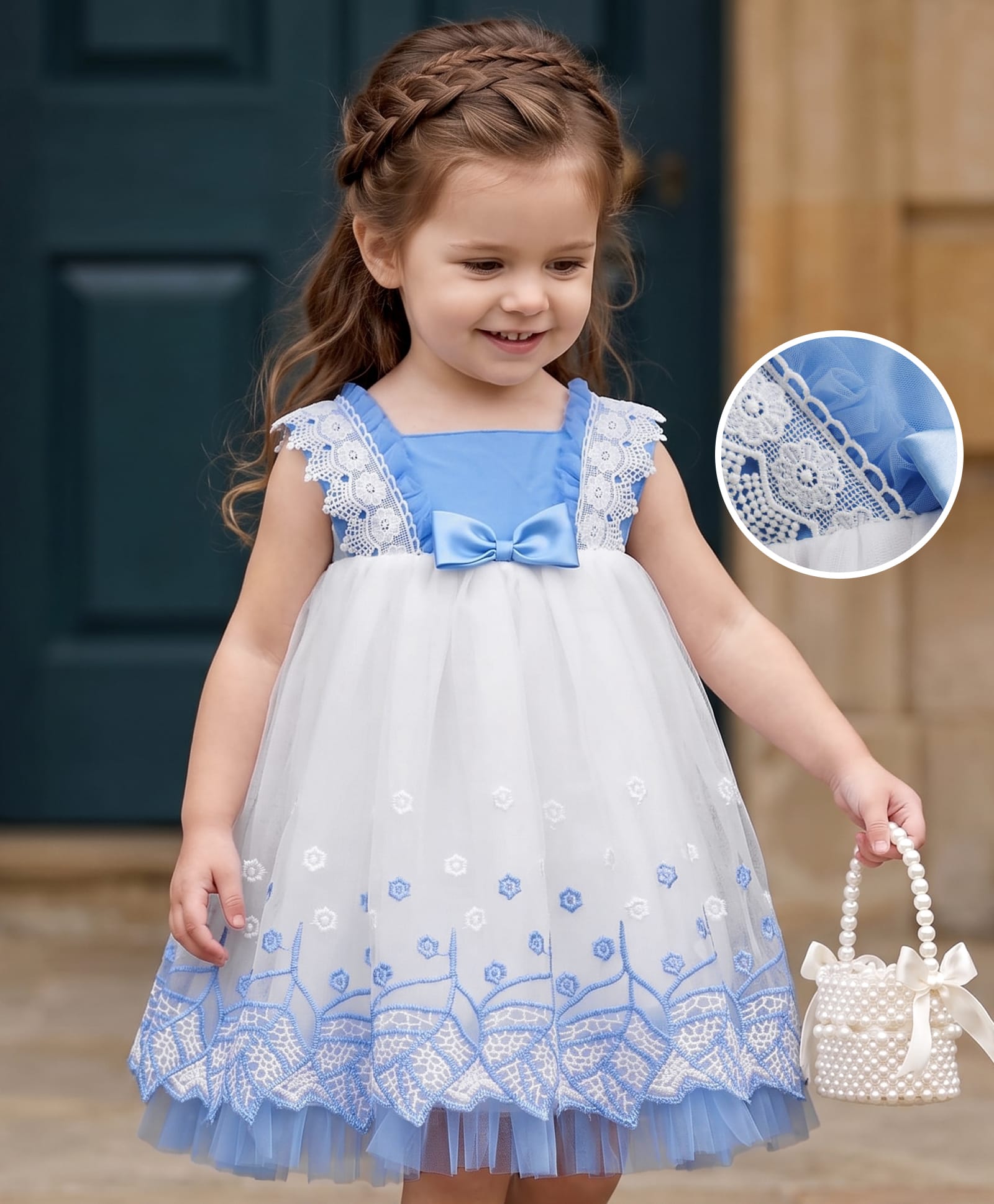 Babyhug Woven Sleeveless Mesh Party Dress with with Bow Applique Lace Detailing & Embroidery - Blue-image-18