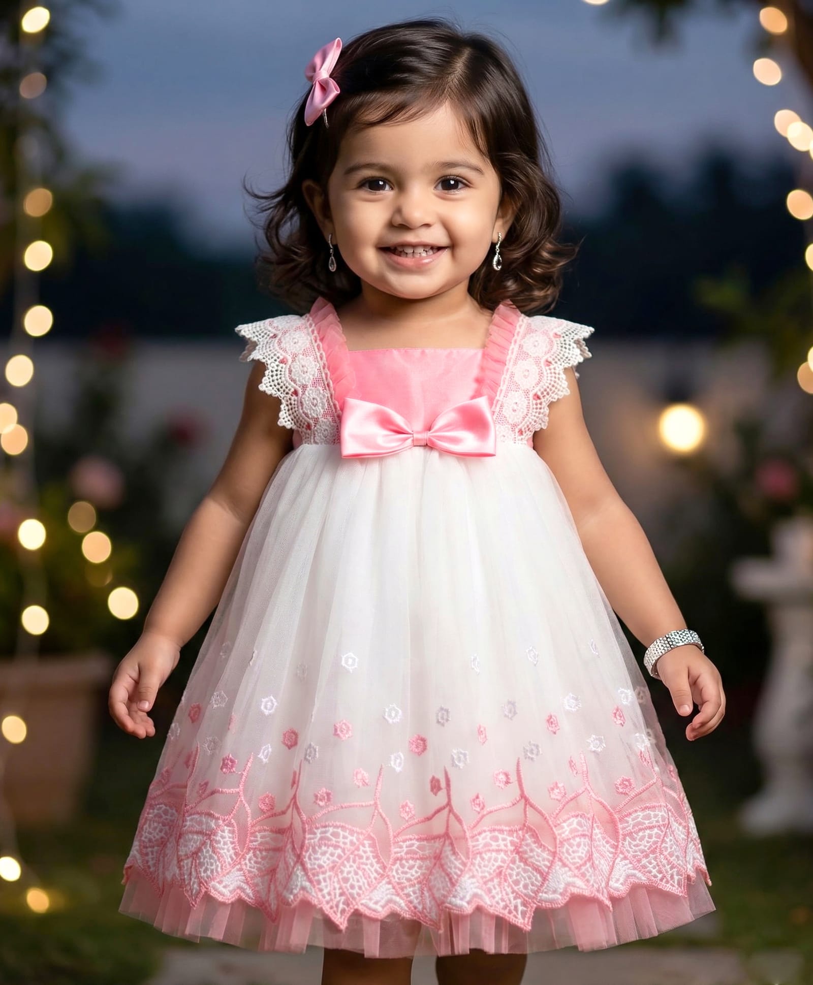 Babyhug Mesh Woven Sleeveless A Line Party Dress with Lace Detailing & Bow Applique - Dusty Pink-image-35