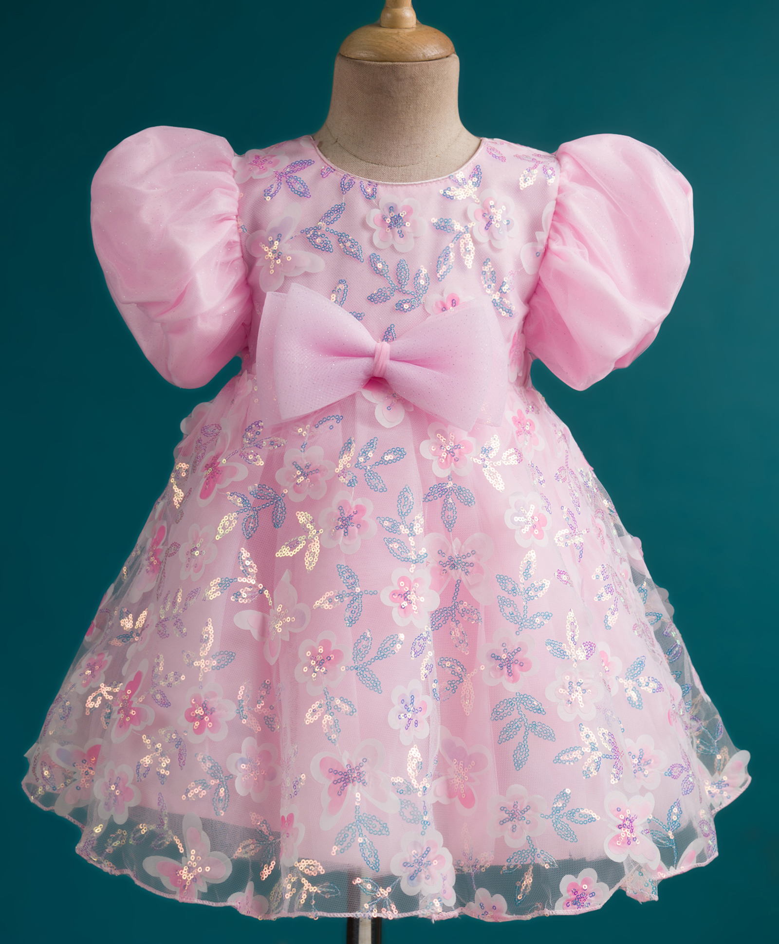 Babyhug Woven Half Puffed Sleeves Fit & Flare Mesh Party Dress with Heavy Sequins Embroidery & Double Bow Detailing - Pink-image-44