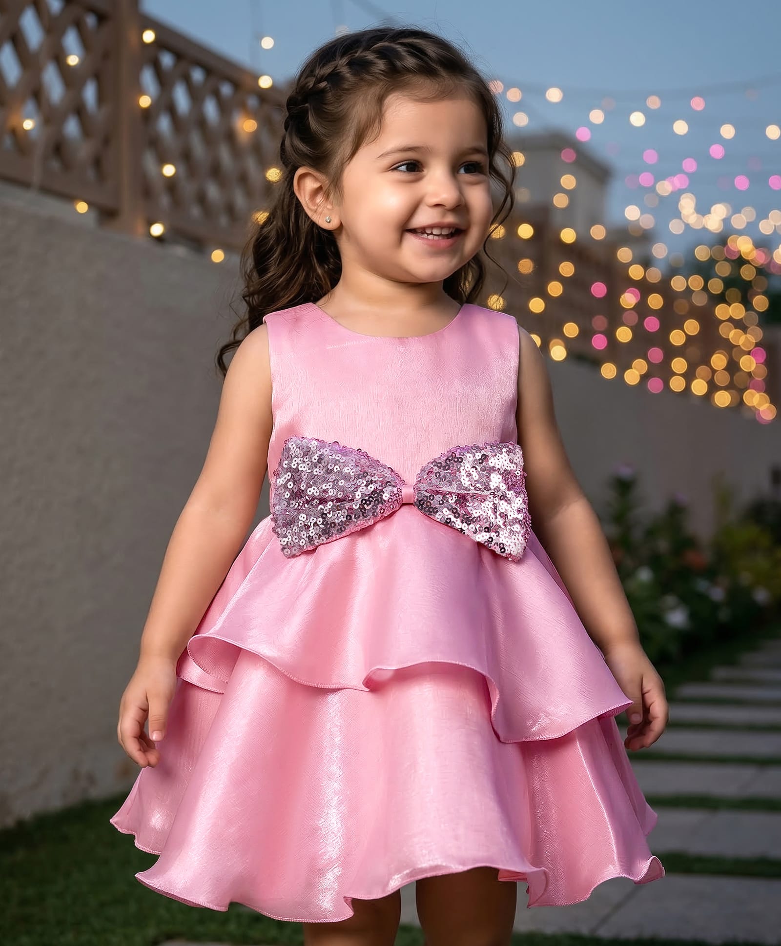 Babyhug Tussar Woven Sleeveless Party Dress With Heavy Sequins Bow Detailing - Pink-image-25