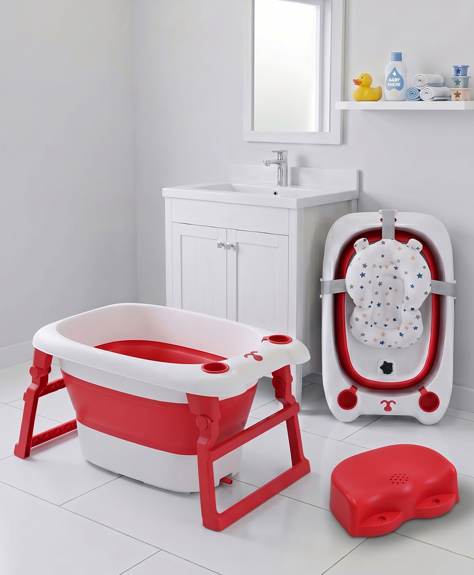Babyhug 2-in-1 Foldable Baby Bath Tub with Bathing Chair & Soft Cushion - Red| Anti-Slip Base| Space-Saving Design| Comfortable & Safe for Newborns to Toddlers| 0-3 Years-picture-26