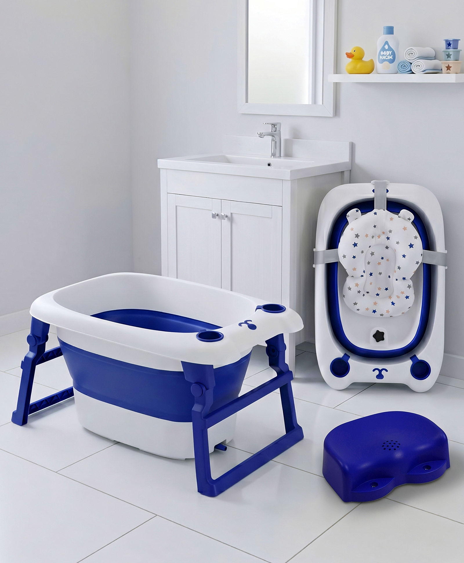 Babyhug 2-in-1 Foldable Baby Bath Tub with Bathing Chair & Soft Cushion - Blue| Anti-Slip Base| Space-Saving Design| Comfortable & Safe for Newborns to Toddlers| 0-3 Years-image-45