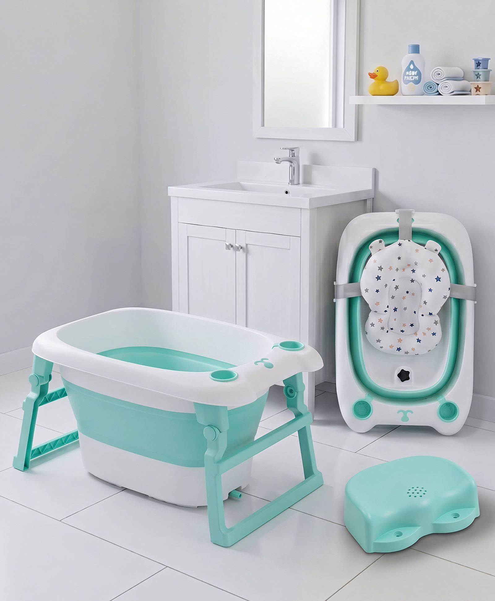Babyhug 2-in-1 Foldable Baby Bath Tub with Bathing Chair & Soft Cushion - Green| Anti-Slip Base| Space-Saving Design| Comfortable & Safe for Newborns to Toddlers| 0-3 Years-picture-19