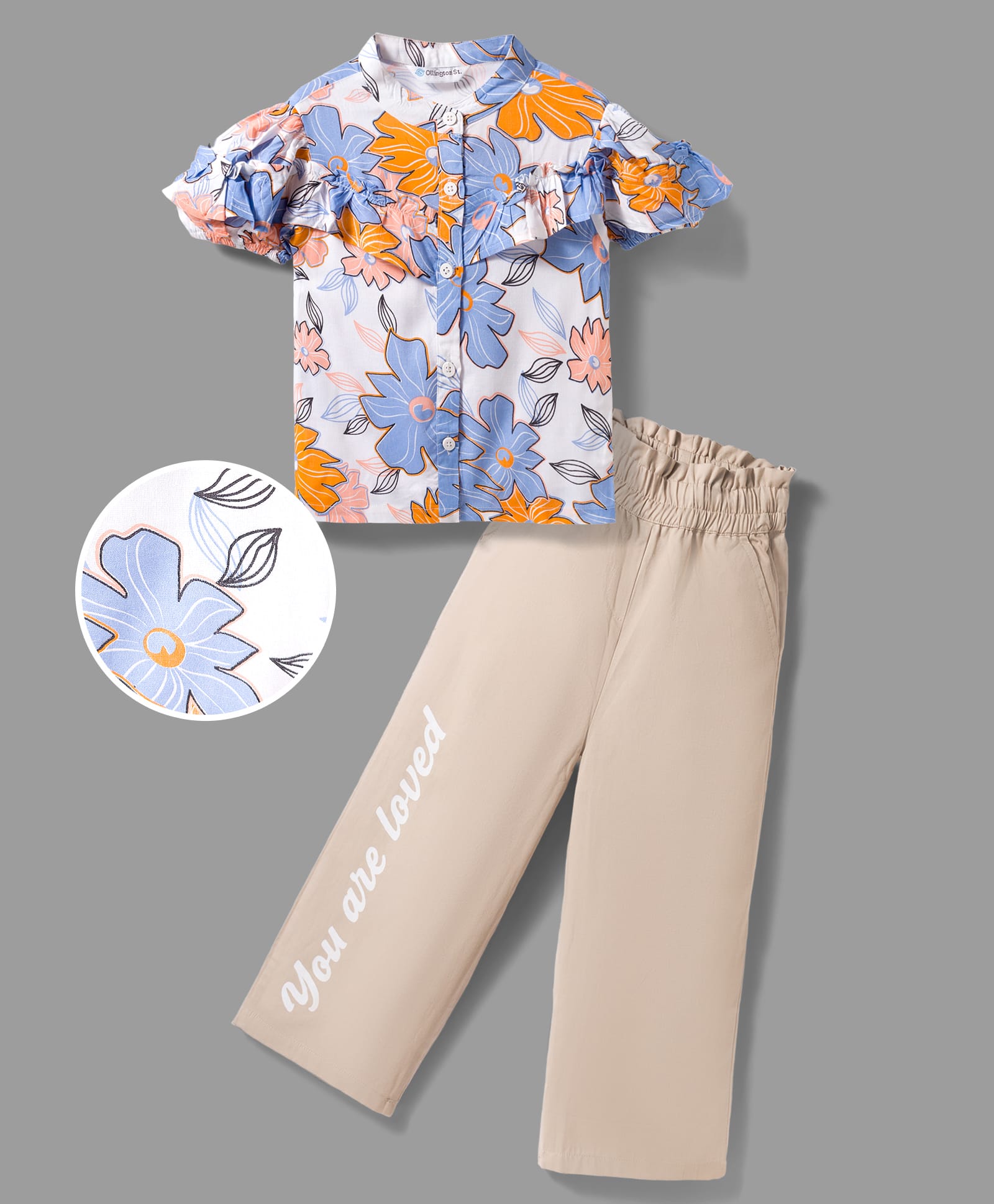 OLLINGTON ST. Woven Floral Printed Half Sleeves Top & Twill Culottes - Multicolour & Beige-picture-16
