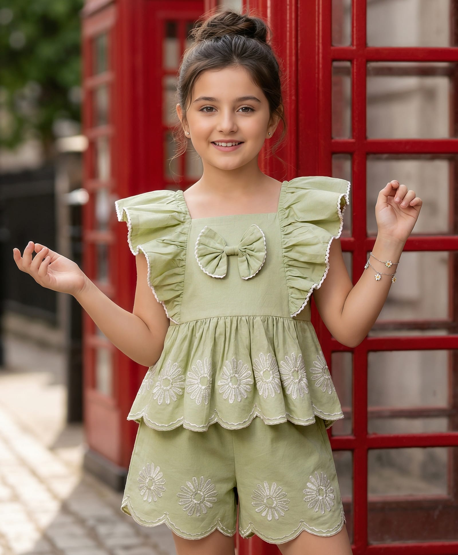 arias by lara dutta Arias Cotton Woven Frill Sleeves Top & Shorts Set with Floral Embroidery & Bow Applique - Light Green-picture-22