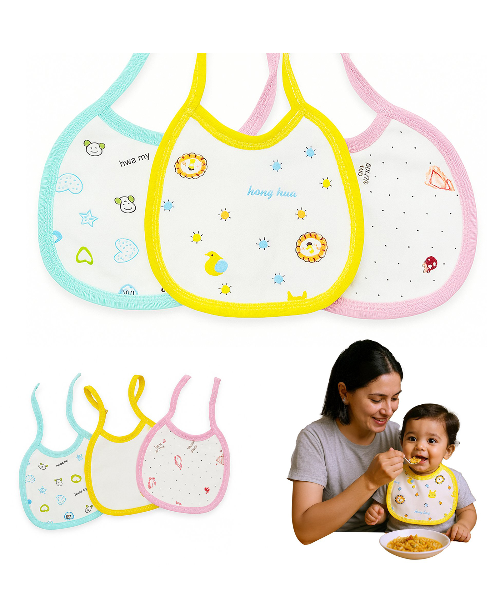 Kidology Cotton Feeding Apron Bibs Set of 3 | Spill Resistant & Fast-Dry Baby Bibs for 6 - 36 Months-image-3