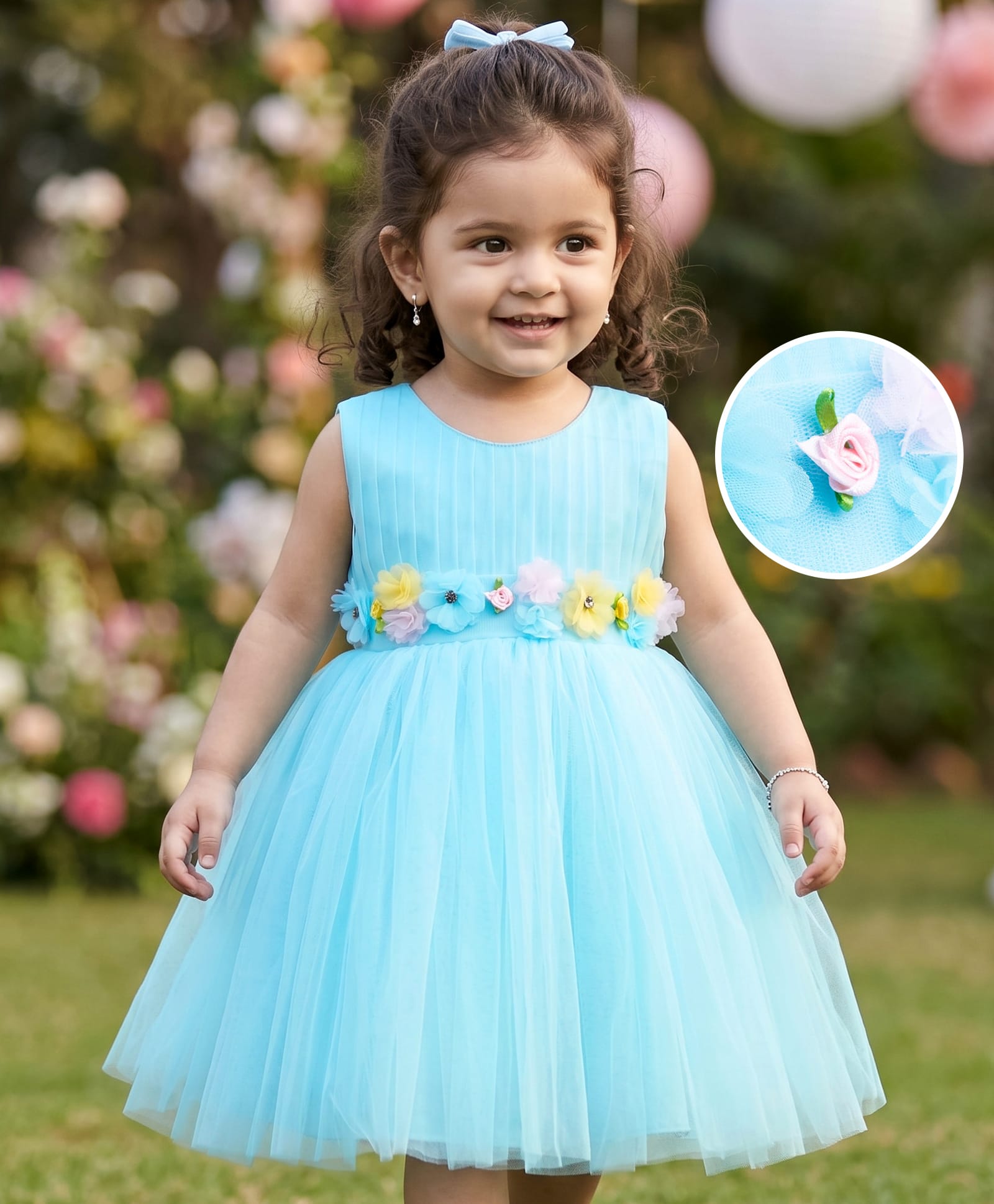 Babyhug Woven Sleeveless Fit & Flare Mesh Party Dress with Corsage Detailing - Light Blue-image-39
