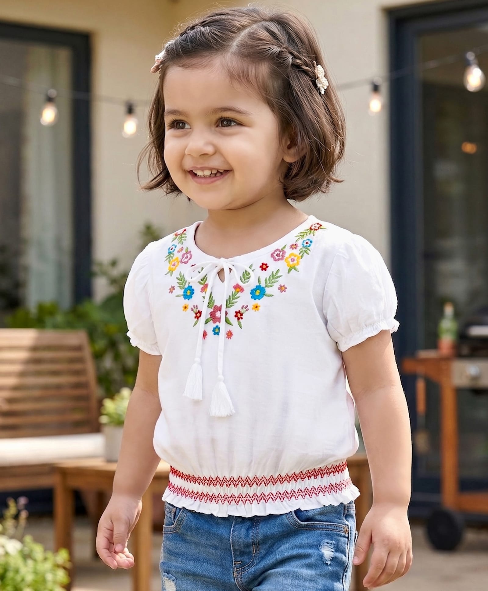Babyhug 100% Cotton Woven Half Sleeves Top With Floral Embroidery Detailing-Multicolour-image-35