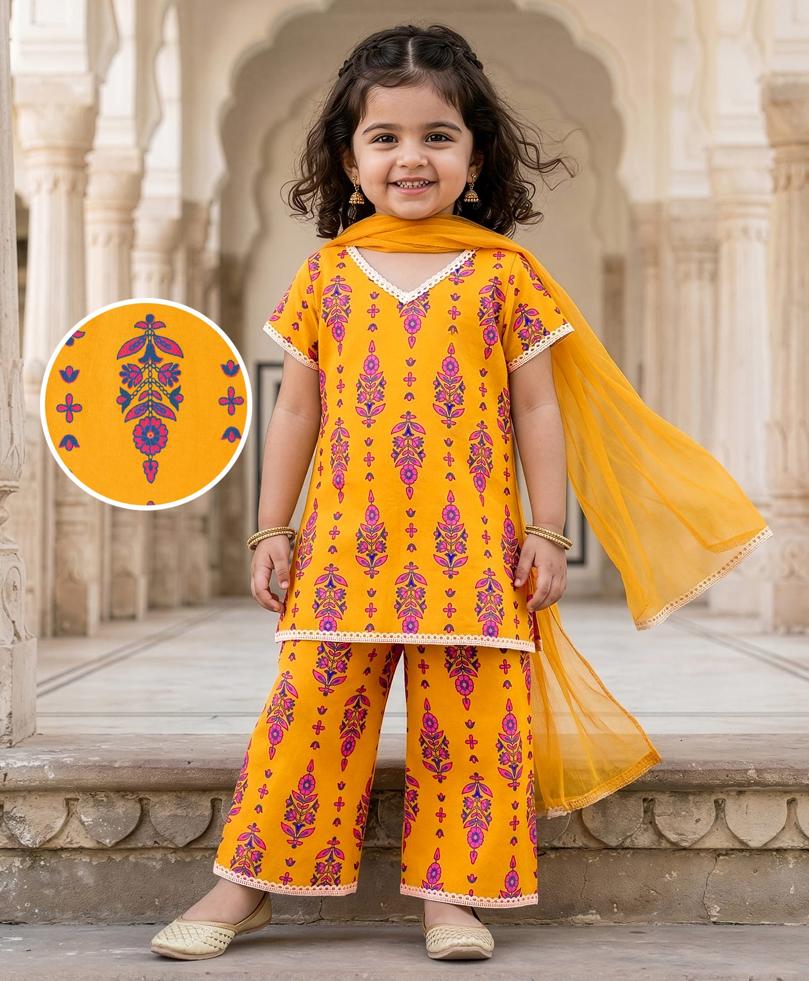 EARTHY TOUCH 100% Cotton Knit Half Sleeves Floral Printed Kurta & Salwar Set With Dupatta - Yellow-image-38
