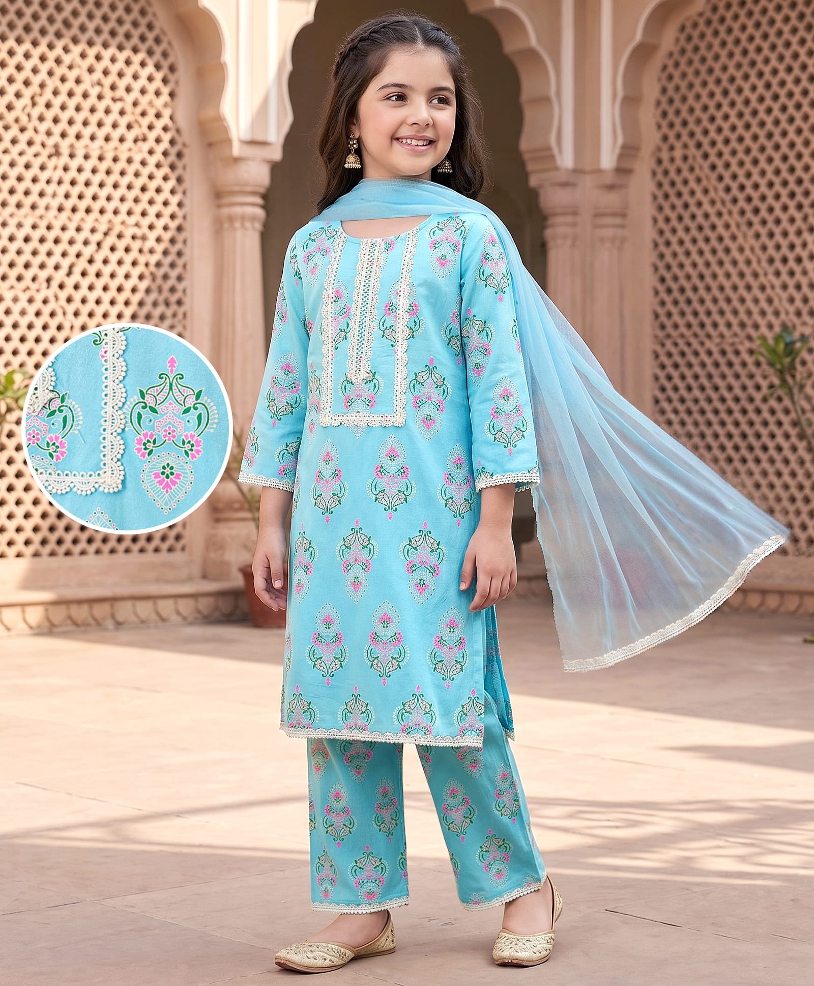 EARTHY TOUCH Cotton Jersey Knit Full Sleeves Kurti Salwar Set with Floral Print & Dupatta - Light Blue-image-29